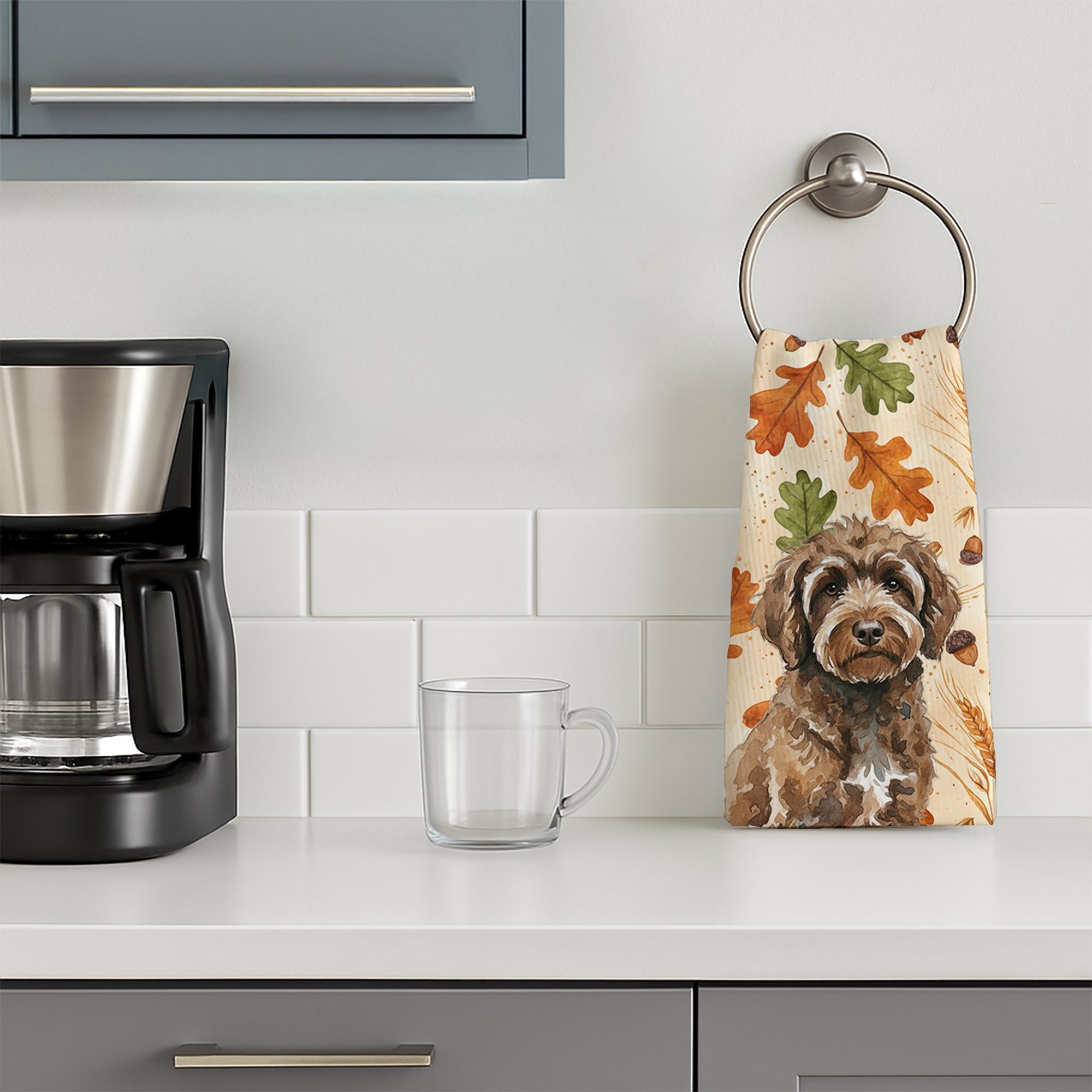 Brown Portuguese Water Dog Heirloom Fall Kitchen Towel Velour Plush Front and Cotton Loop Back Machine Washable