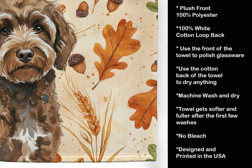 Brown Portuguese Water Dog Heirloom Fall Kitchen Towel Velour Plush Front and Cotton Loop Back Machine Washable