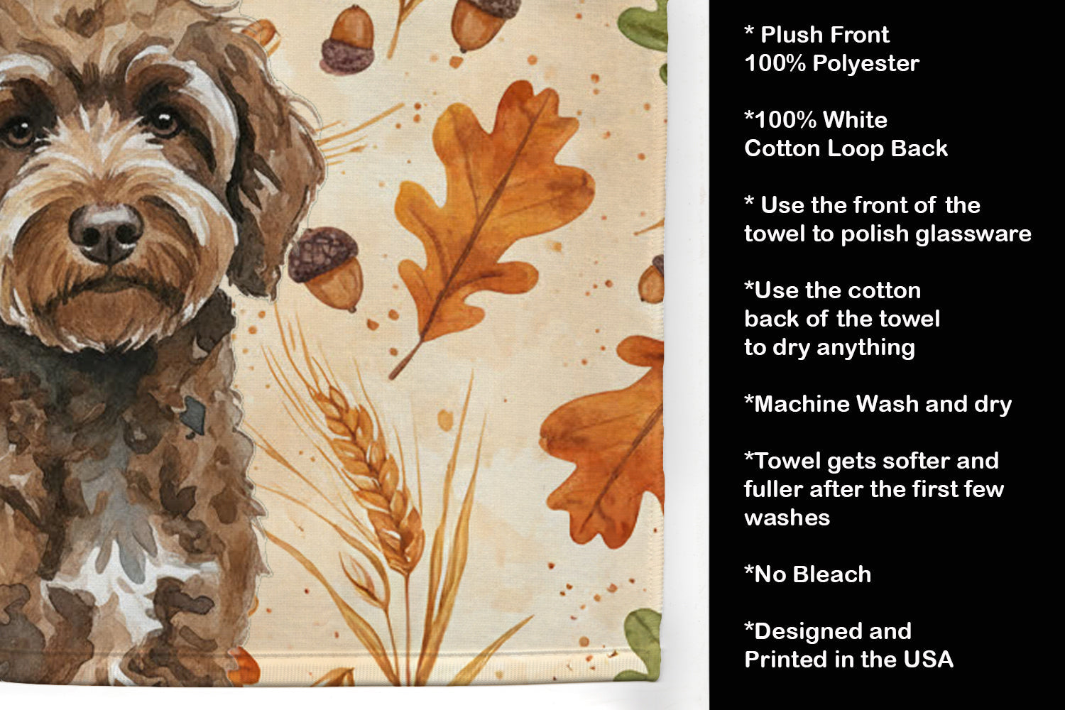 Brown Portuguese Water Dog Heirloom Fall Kitchen Towel Velour Plush Front and Cotton Loop Back Machine Washable