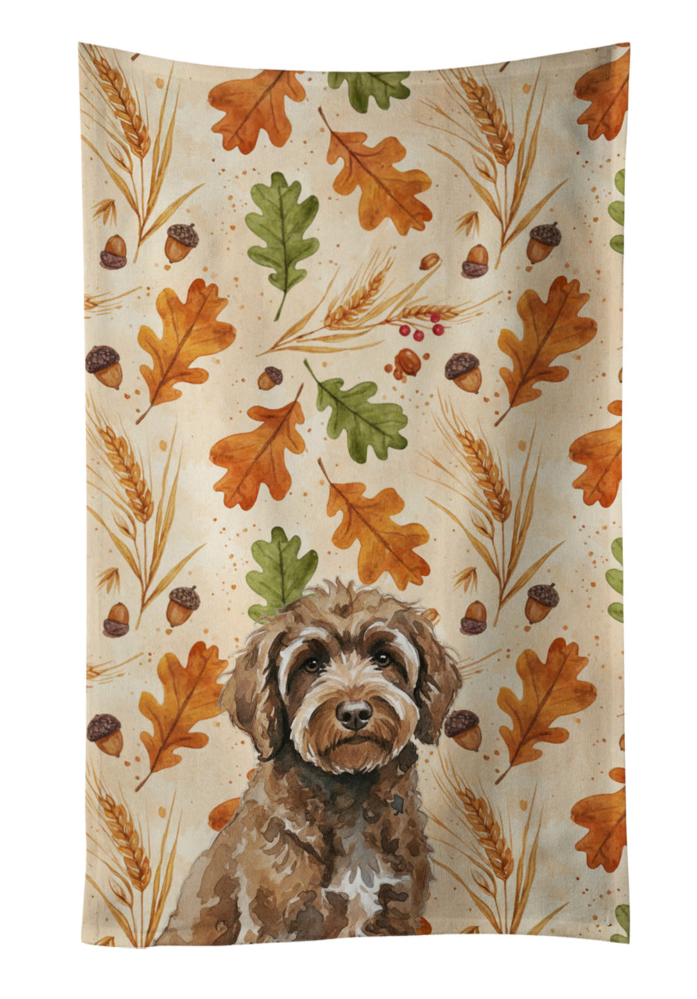 Brown Portuguese Water Dog Heirloom Fall Kitchen Towel Velour Plush Front and Cotton Loop Back Machine Washable
