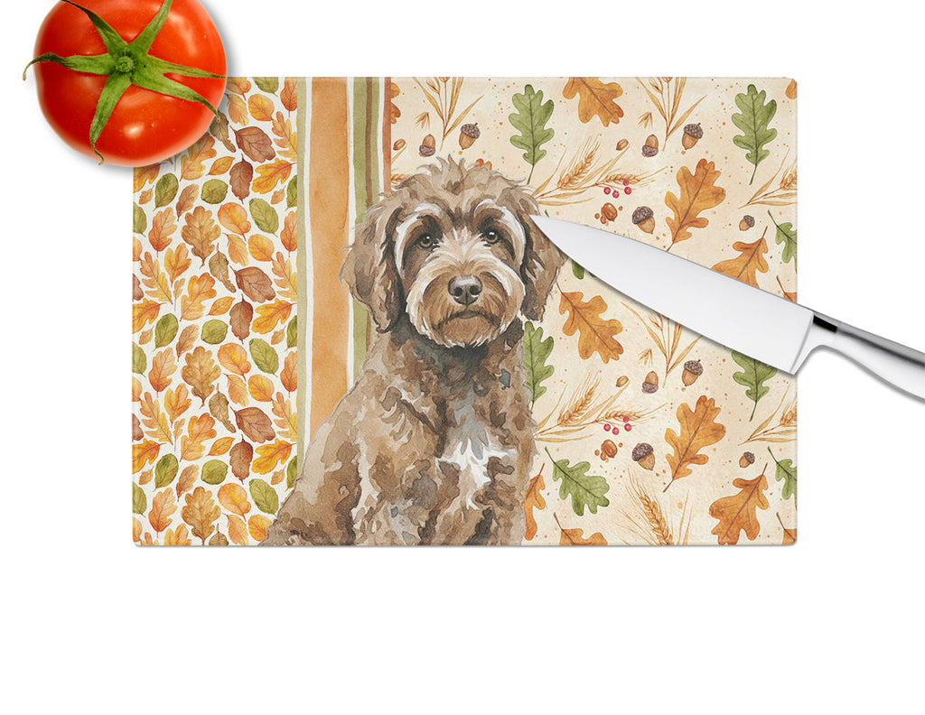 Brown Portuguese Water Dog Heirloom Fall Cutting Board Tempered Glass Kitchen Cutting Surface, Heat Resistant Chopping, Non-Slip Feet, Food Prep & Serving