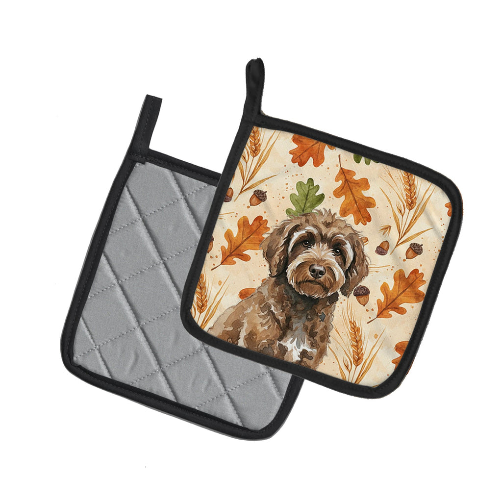 Brown Portuguese Water Dog Heirloom Fall Pot Holder Set of 2 Heat Resistant Quilted Hot Pads 7.5 x 7.5 Inch, Insulated Kitchen Trivets for Cooking & Baking