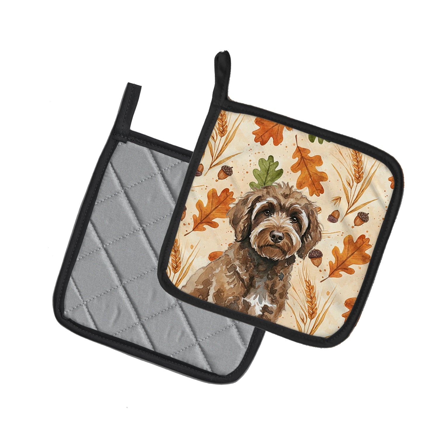 Brown Portuguese Water Dog Heirloom Fall Pot Holder Set of 2 Heat Resistant Quilted Hot Pads 7.5 x 7.5 Inch, Insulated Kitchen Trivets for Cooking & Baking