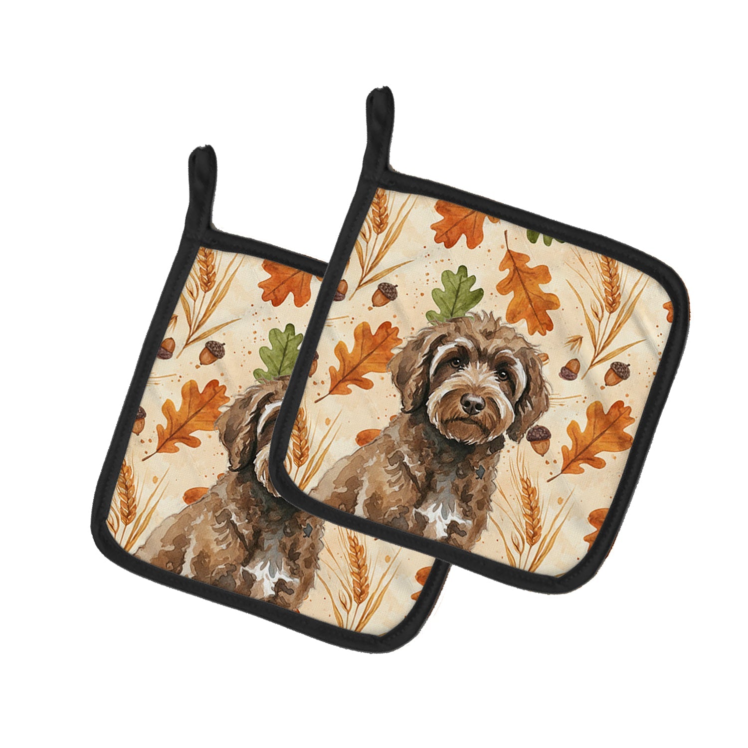 Brown Portuguese Water Dog Heirloom Fall Pot Holder Set of 2 Heat Resistant Quilted Hot Pads 7.5 x 7.5 Inch, Insulated Kitchen Trivets for Cooking & Baking