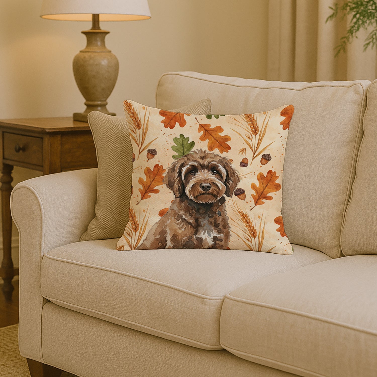 Brown Portuguese Water Dog Heirloom Fall Decorative Throw Pillow 14x14 Indoor Outdoor Accent Cushion, Fabric Cover with Insert for Sofa, Bed, Porch & Living Room