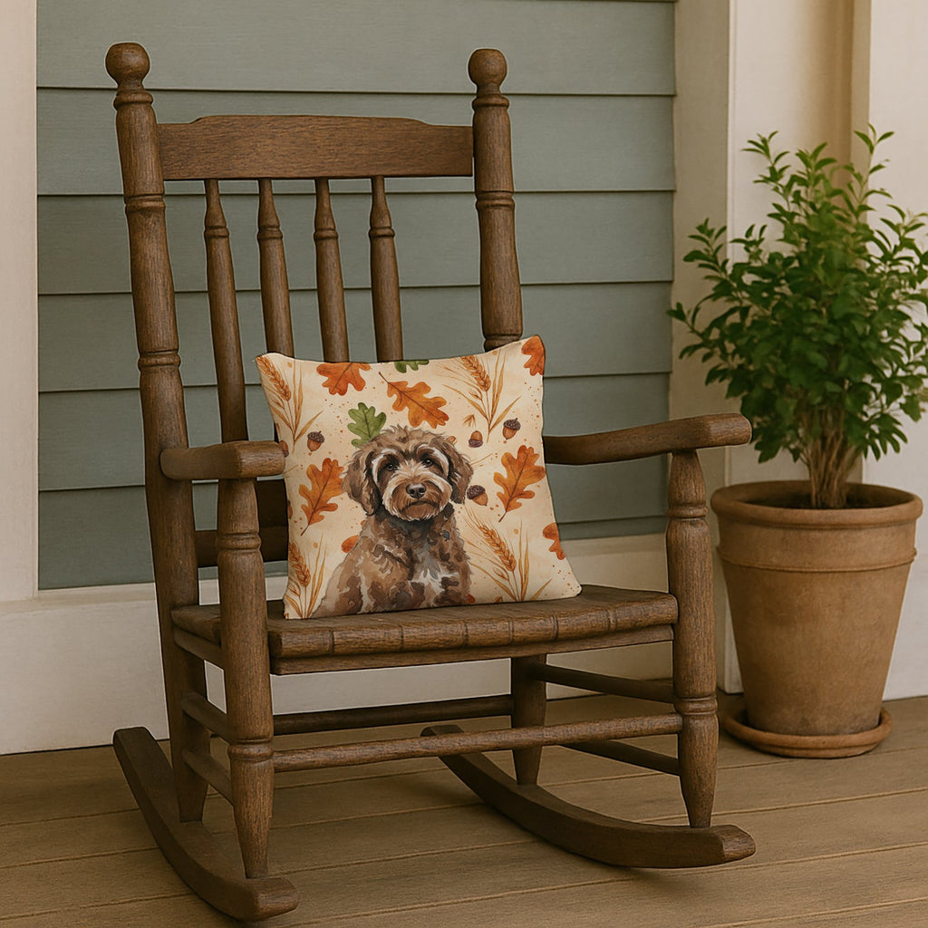 Brown Portuguese Water Dog Heirloom Fall Decorative Throw Pillow 14x14 Indoor Outdoor Accent Cushion, Fabric Cover with Insert for Sofa, Bed, Porch & Living Room