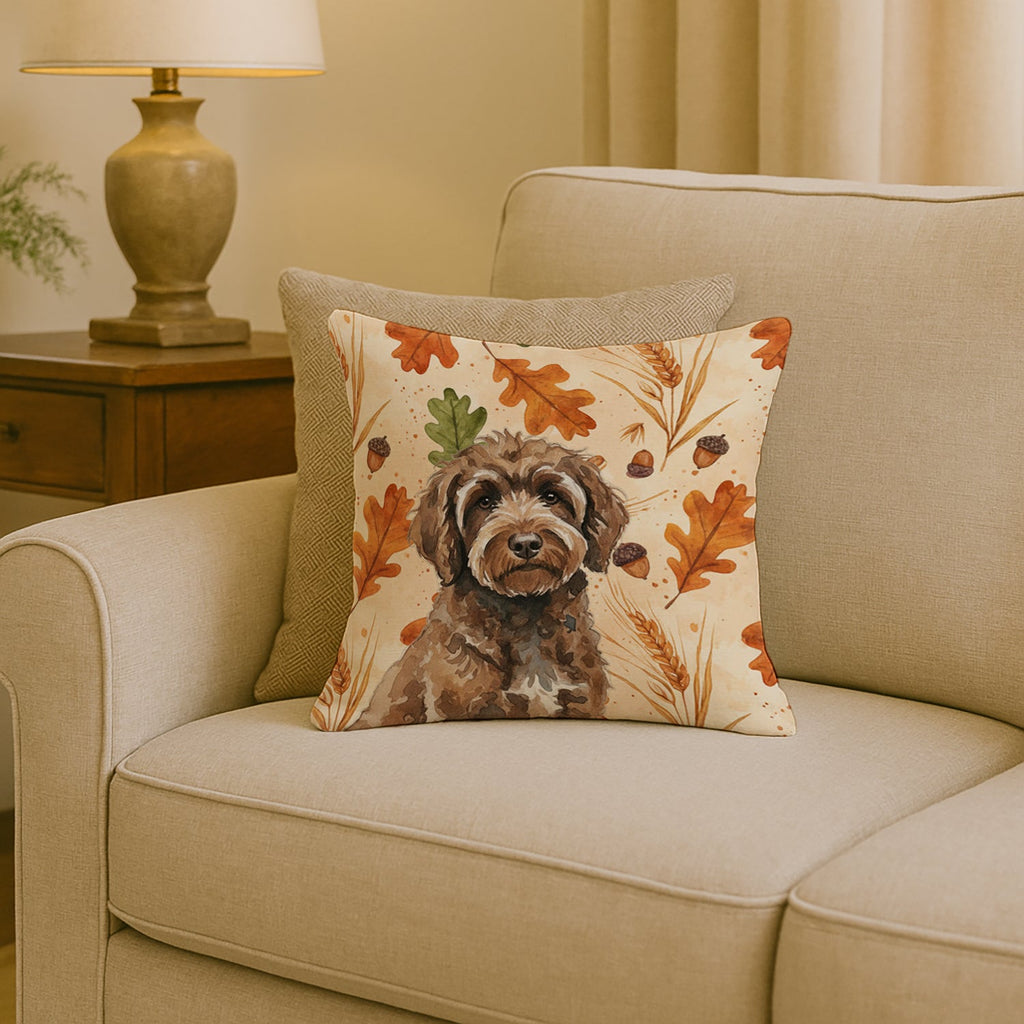 Brown Portuguese Water Dog Heirloom Fall Decorative Throw Pillow 18x18 Indoor Outdoor Accent Cushion, Fabric Cover with Insert for Sofa, Bed, Porch & Living Room