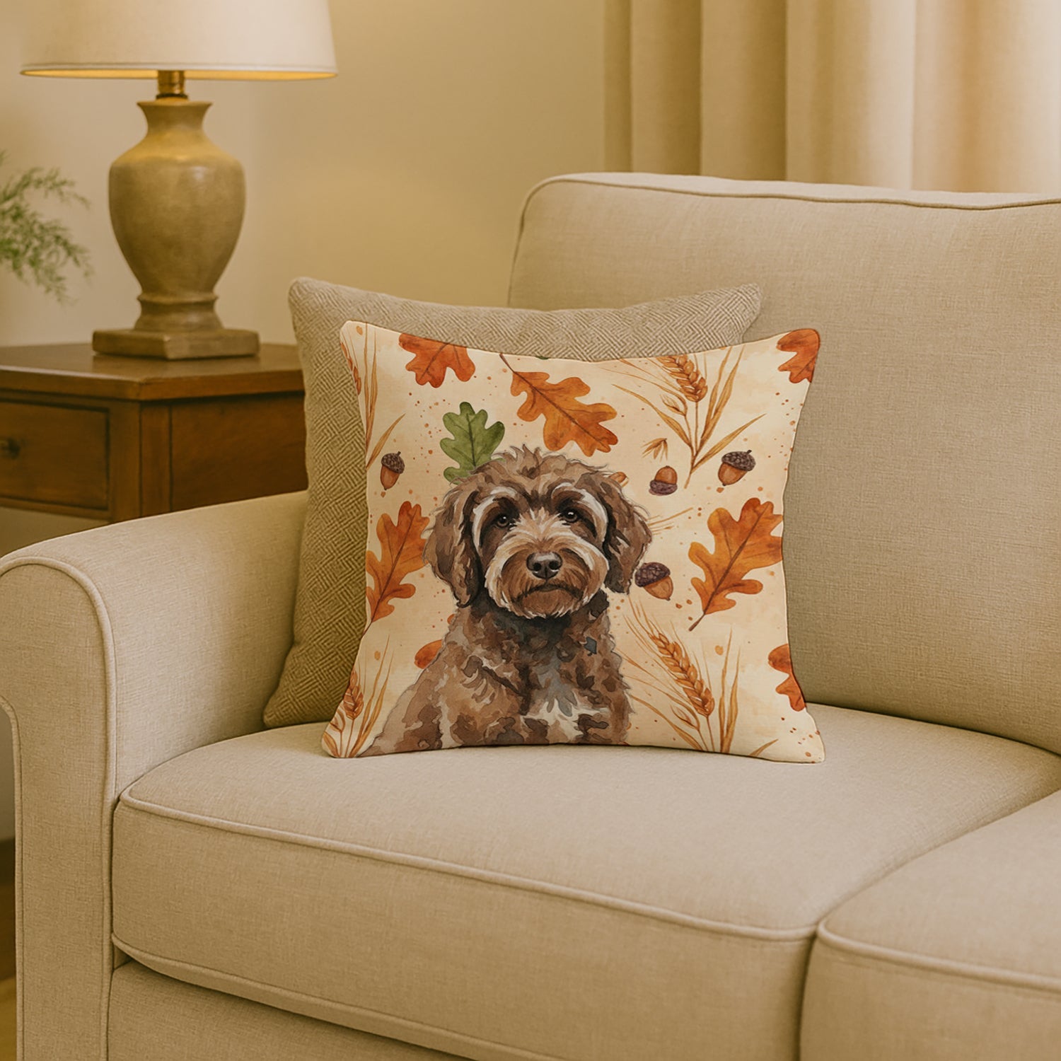 Brown Portuguese Water Dog Heirloom Fall Decorative Throw Pillow 18x18 Indoor Outdoor Accent Cushion, Fabric Cover with Insert for Sofa, Bed, Porch & Living Room