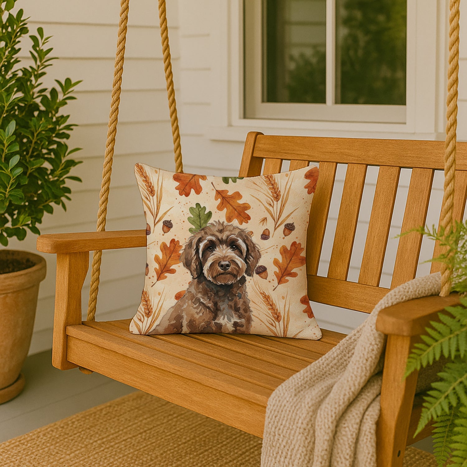 Brown Portuguese Water Dog Heirloom Fall Decorative Throw Pillow 18x18 Indoor Outdoor Accent Cushion, Fabric Cover with Insert for Sofa, Bed, Porch & Living Room
