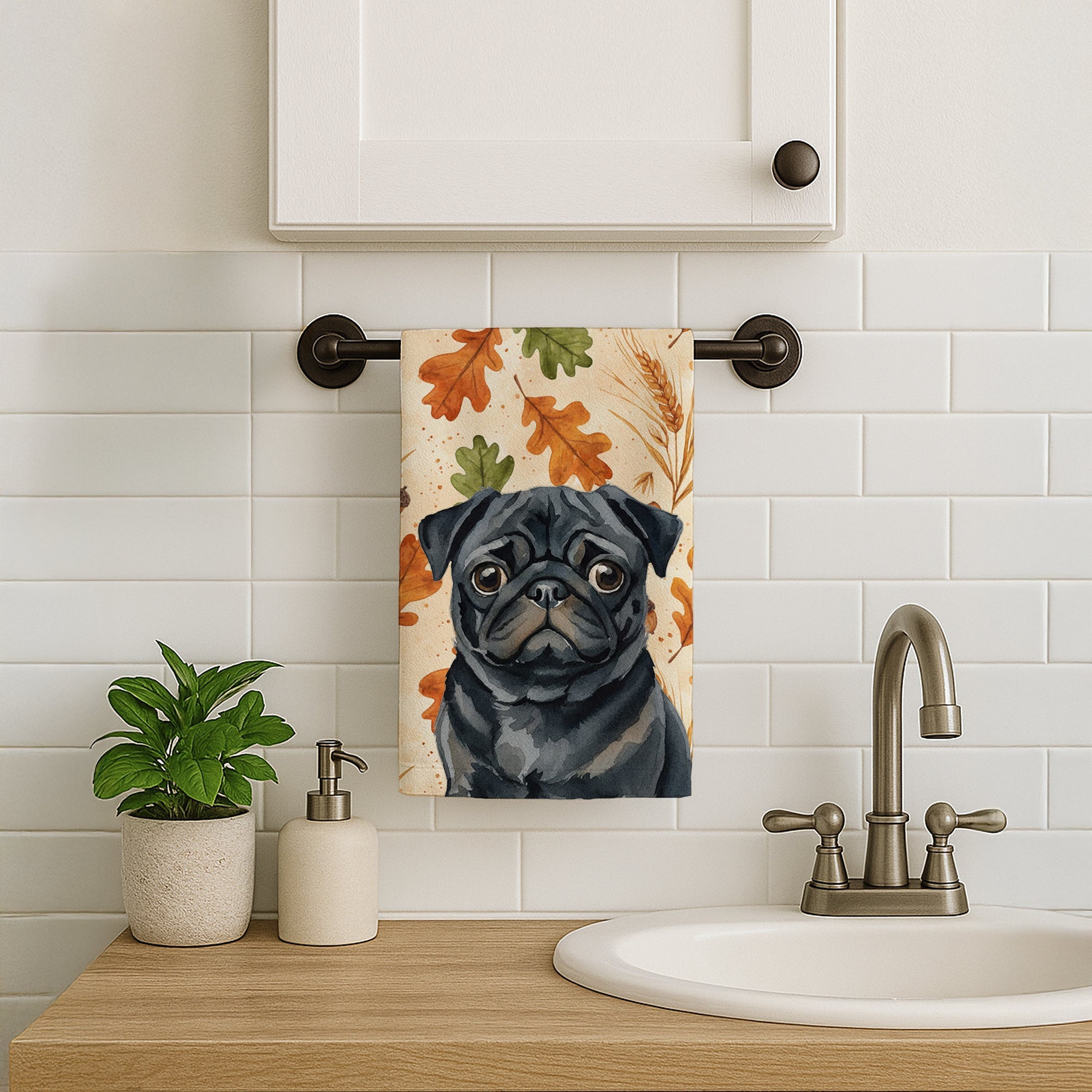 Black Pug Heirloom Fall Kitchen Towel Velour Plush Front and Cotton Loop Back Machine Washable