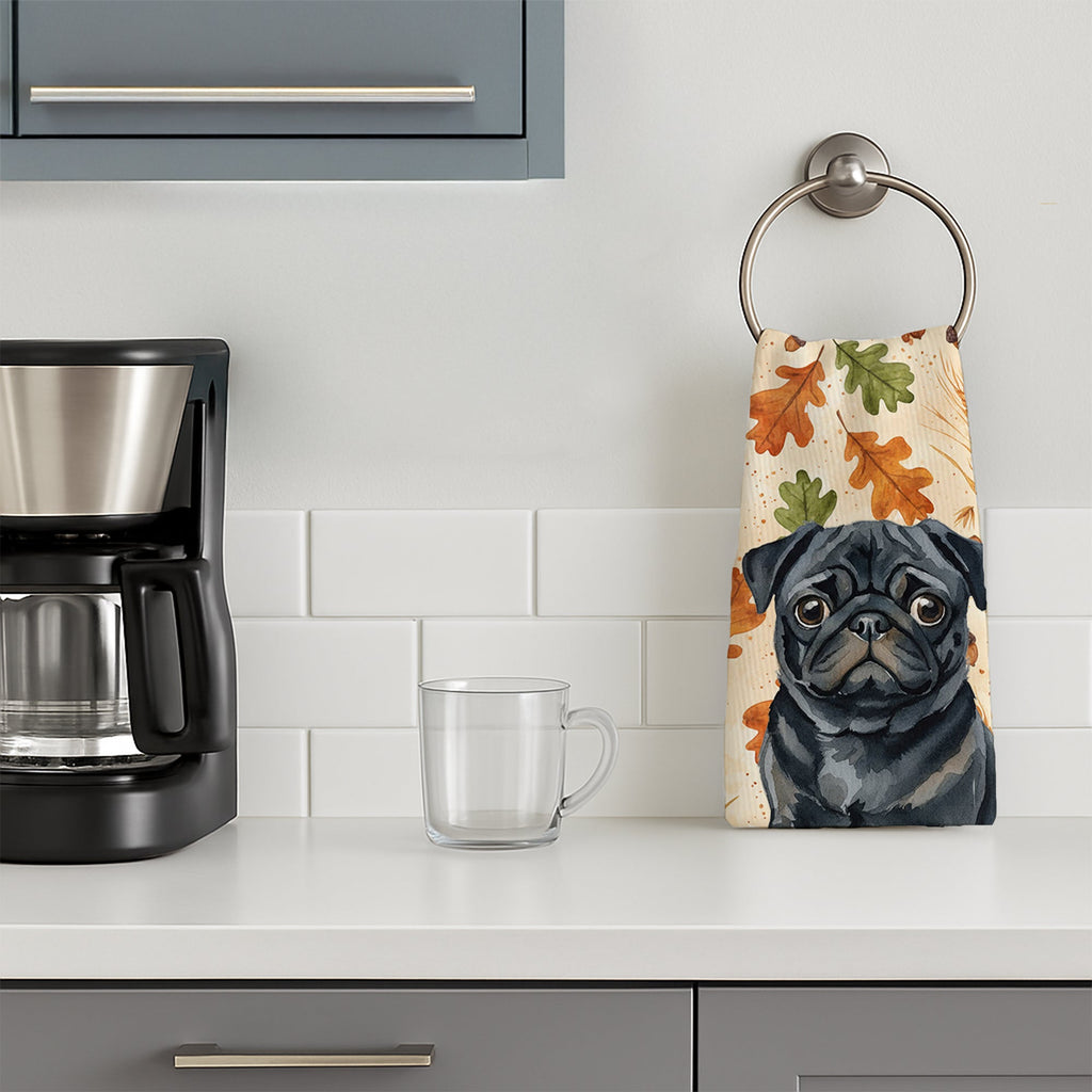 Black Pug Heirloom Fall Kitchen Towel Velour Plush Front and Cotton Loop Back Machine Washable