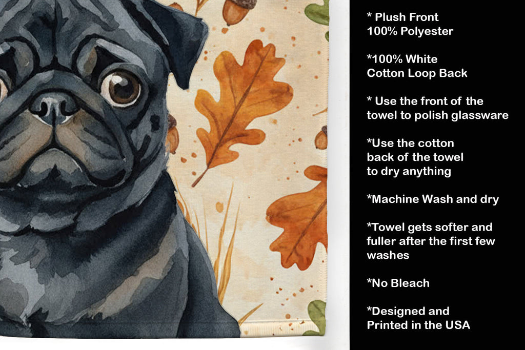 Black Pug Heirloom Fall Kitchen Towel Velour Plush Front and Cotton Loop Back Machine Washable