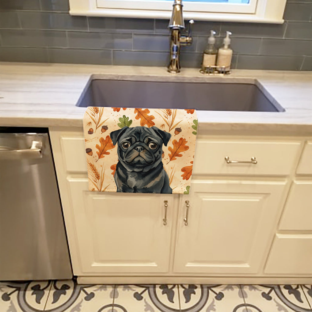 Black Pug Heirloom Fall Kitchen Towel Velour Plush Front and Cotton Loop Back Machine Washable