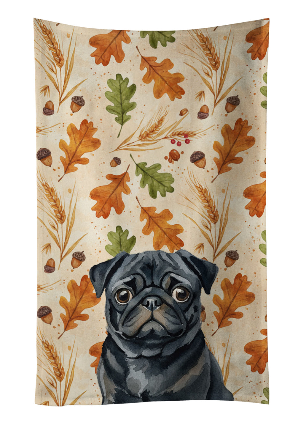 Black Pug Heirloom Fall Kitchen Towel Velour Plush Front and Cotton Loop Back Machine Washable
