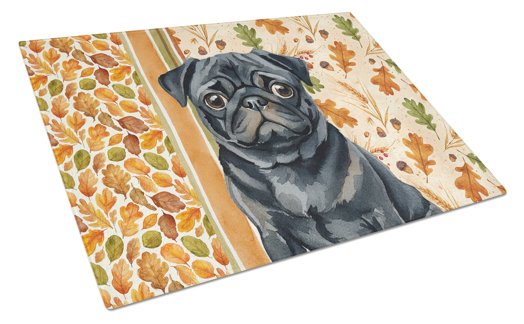 Black Pug Heirloom Fall Cutting Board Tempered Glass Kitchen Cutting Surface, Heat Resistant Chopping, Non-Slip Feet, Food Prep & Serving