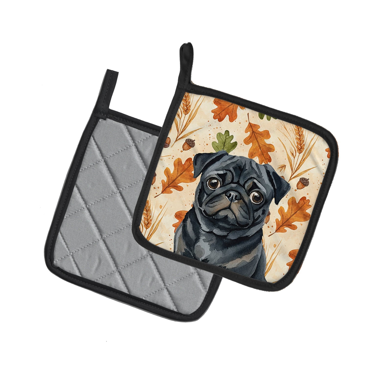 Black Pug Heirloom Fall Pot Holder Set of 2 Heat Resistant Quilted Hot Pads 7.5 x 7.5 Inch, Insulated Kitchen Trivets for Cooking & Baking