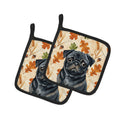 Black Pug Heirloom Fall Pot Holder Set of 2 Heat Resistant Quilted Hot Pads 7.5 x 7.5 Inch, Insulated Kitchen Trivets for Cooking & Baking