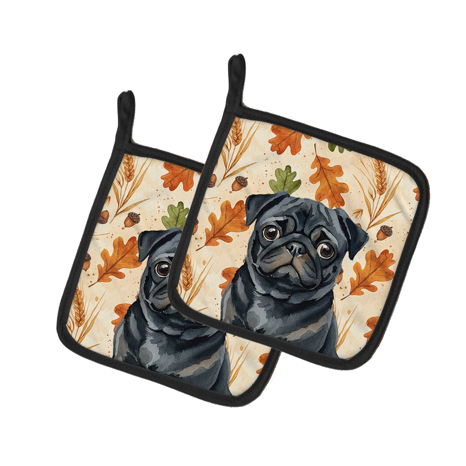 Black Pug Heirloom Fall Pot Holder Set of 2 Heat Resistant Quilted Hot Pads 7.5 x 7.5 Inch, Insulated Kitchen Trivets for Cooking & Baking