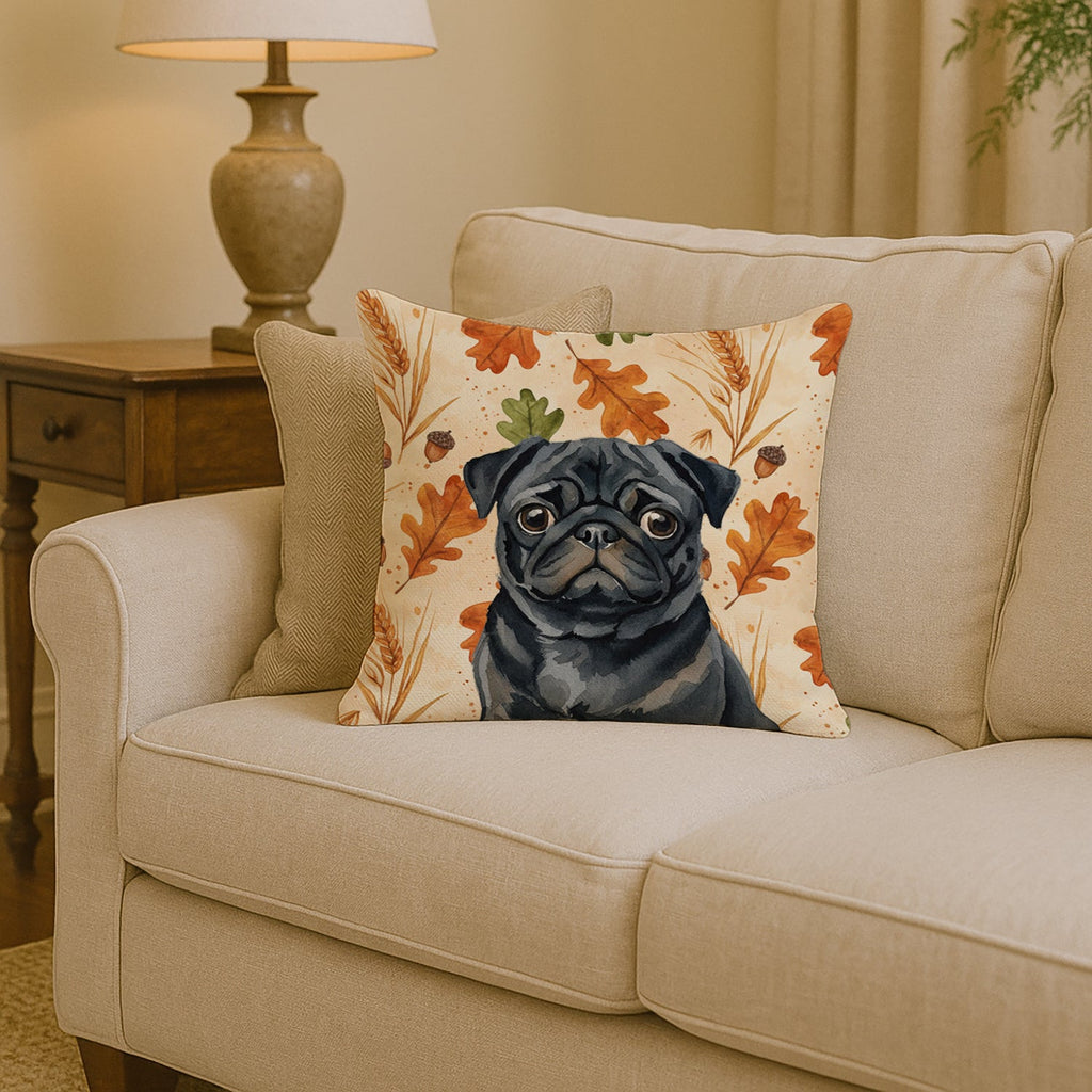 Black Pug Heirloom Fall Decorative Throw Pillow 14x14 Indoor Outdoor Accent Cushion, Fabric Cover with Insert for Sofa, Bed, Porch & Living Room