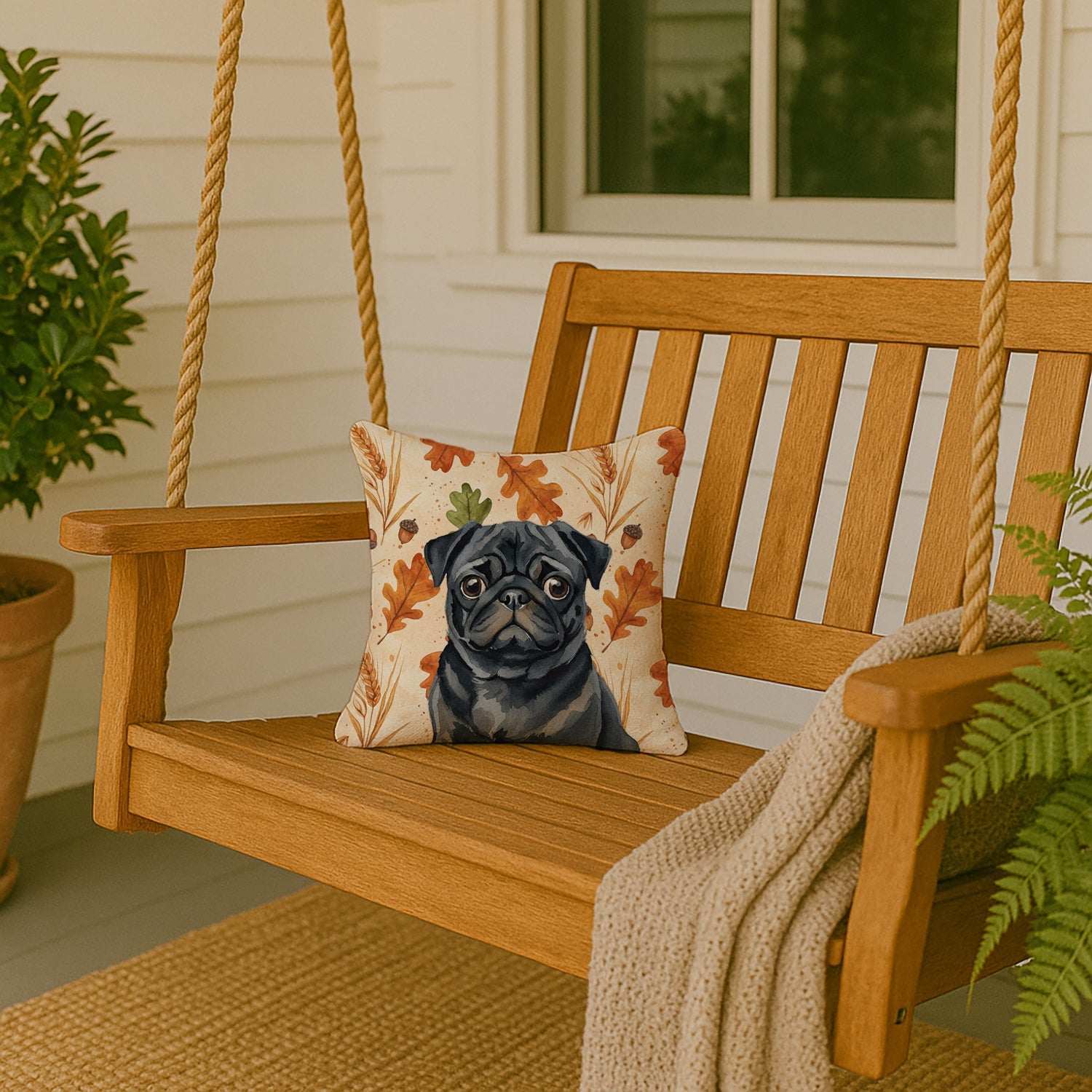 Black Pug Heirloom Fall Decorative Throw Pillow 14x14 Indoor Outdoor Accent Cushion, Fabric Cover with Insert for Sofa, Bed, Porch & Living Room