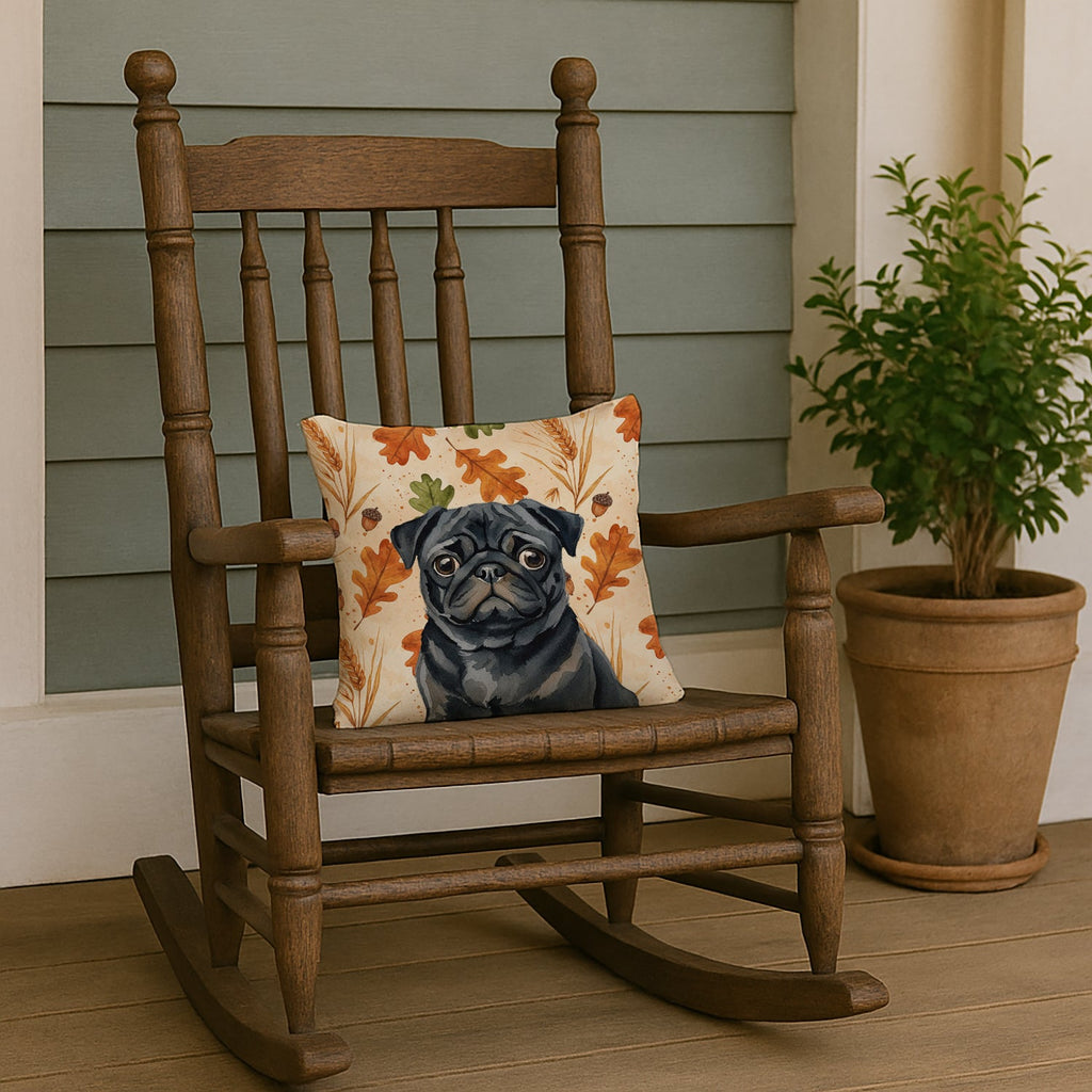 Black Pug Heirloom Fall Decorative Throw Pillow 14x14 Indoor Outdoor Accent Cushion, Fabric Cover with Insert for Sofa, Bed, Porch & Living Room