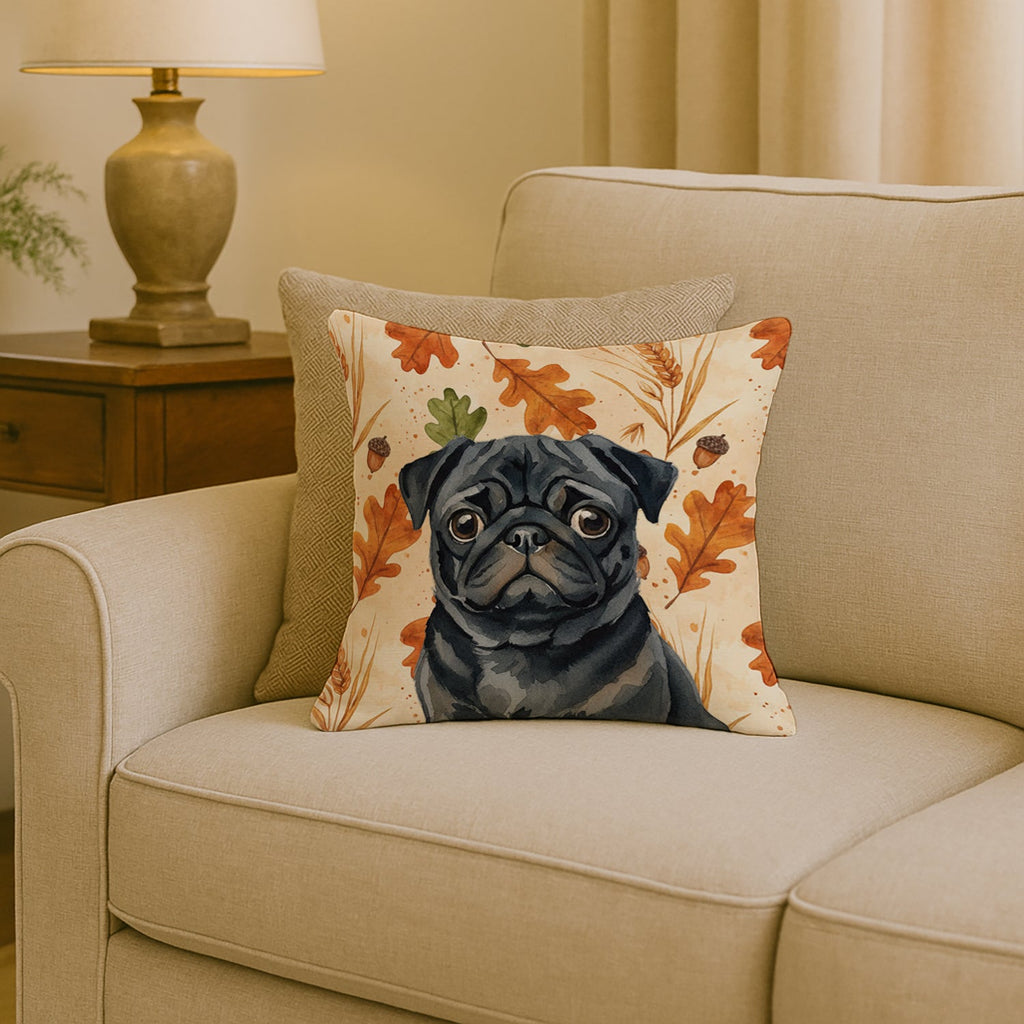 Black Pug Heirloom Fall Decorative Throw Pillow 18x18 Indoor Outdoor Accent Cushion, Fabric Cover with Insert for Sofa, Bed, Porch & Living Room