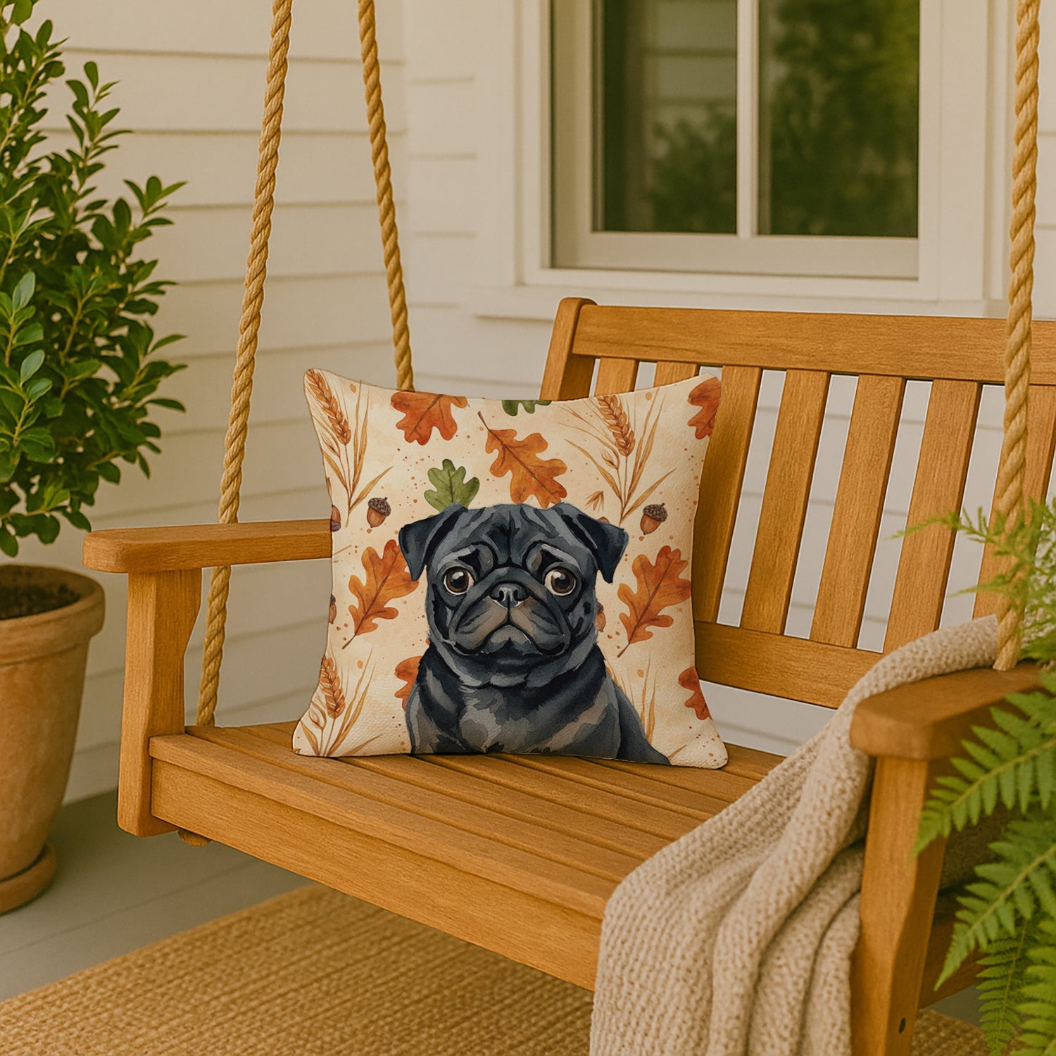 Black Pug Heirloom Fall Decorative Throw Pillow 18x18 Indoor Outdoor Accent Cushion, Fabric Cover with Insert for Sofa, Bed, Porch & Living Room