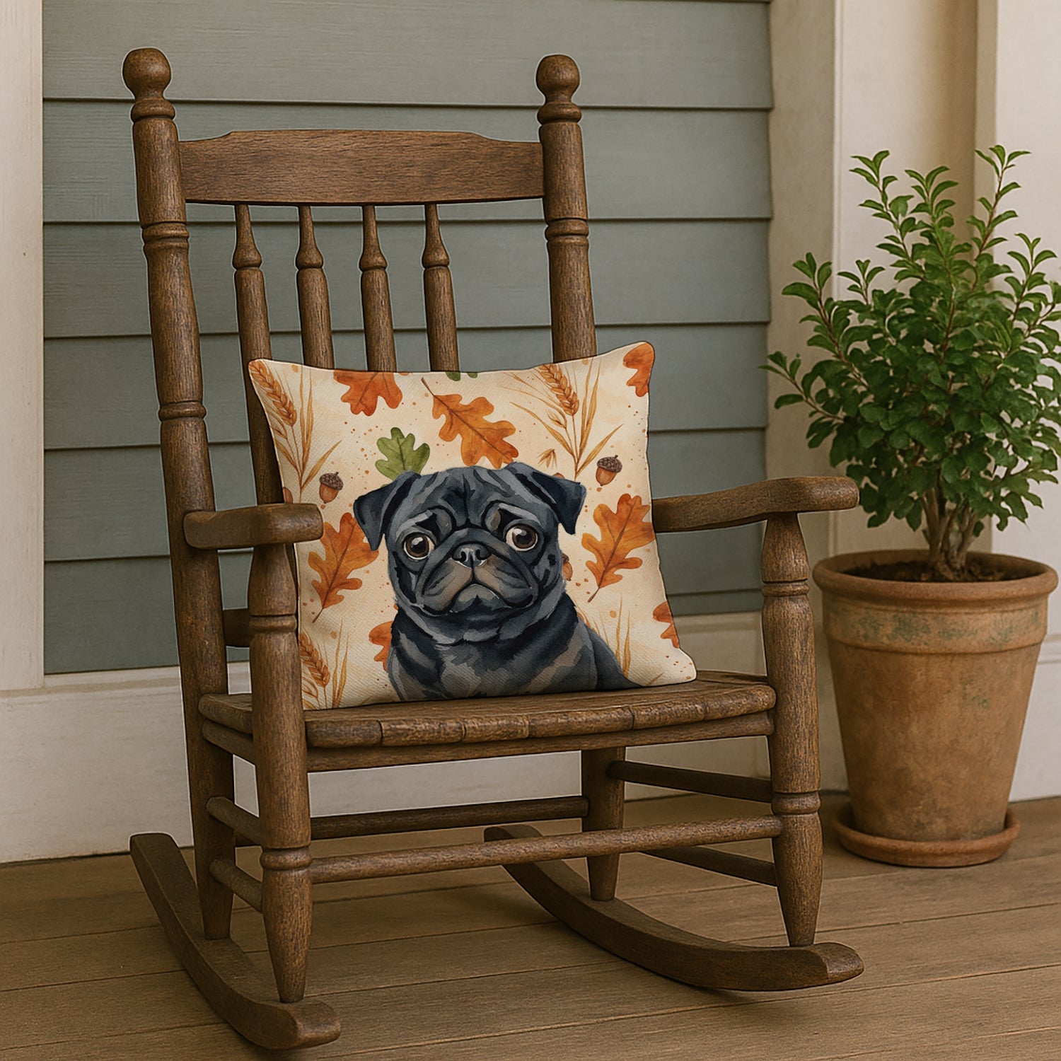 Black Pug Heirloom Fall Decorative Throw Pillow 18x18 Indoor Outdoor Accent Cushion, Fabric Cover with Insert for Sofa, Bed, Porch & Living Room