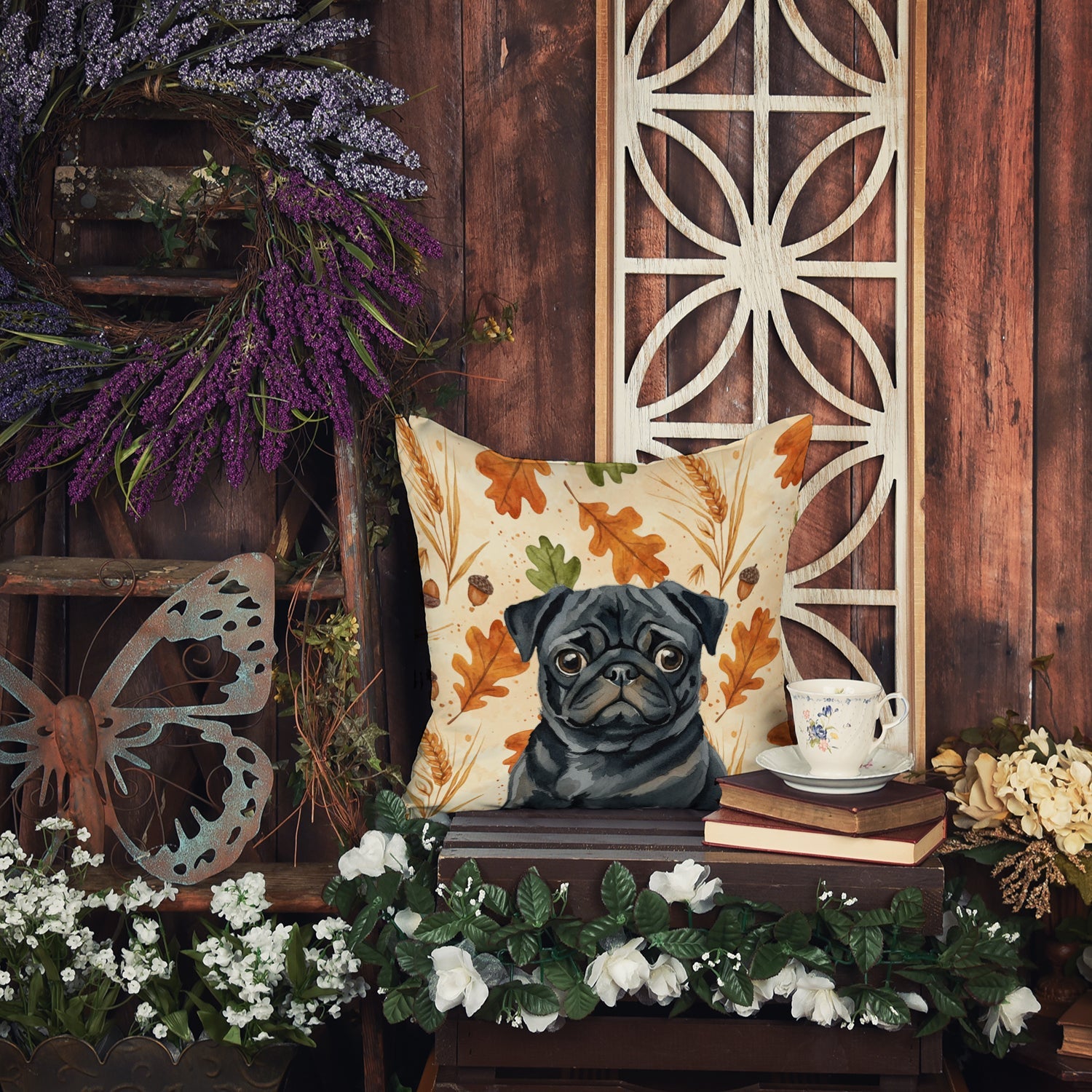 Black Pug Heirloom Fall Decorative Throw Pillow 18x18 Indoor Outdoor Accent Cushion, Fabric Cover with Insert for Sofa, Bed, Porch & Living Room