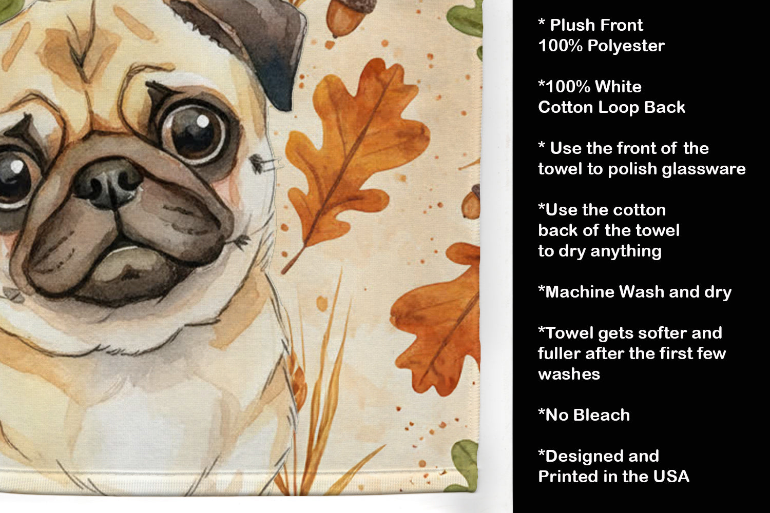 Fawn Pug Heirloom Fall Kitchen Towel Velour Plush Front and Cotton Loop Back Machine Washable