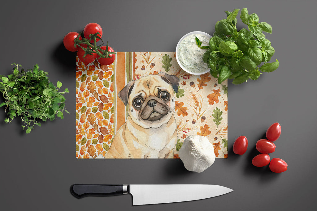 Fawn Pug Heirloom Fall Cutting Board Tempered Glass Kitchen Cutting Surface, Heat Resistant Chopping, Non-Slip Feet, Food Prep & Serving