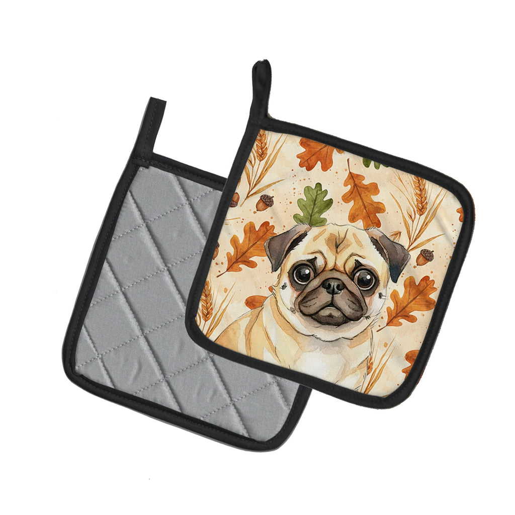 Fawn Pug Heirloom Fall Pot Holder Set of 2 Heat Resistant Quilted Hot Pads 7.5 x 7.5 Inch, Insulated Kitchen Trivets for Cooking & Baking