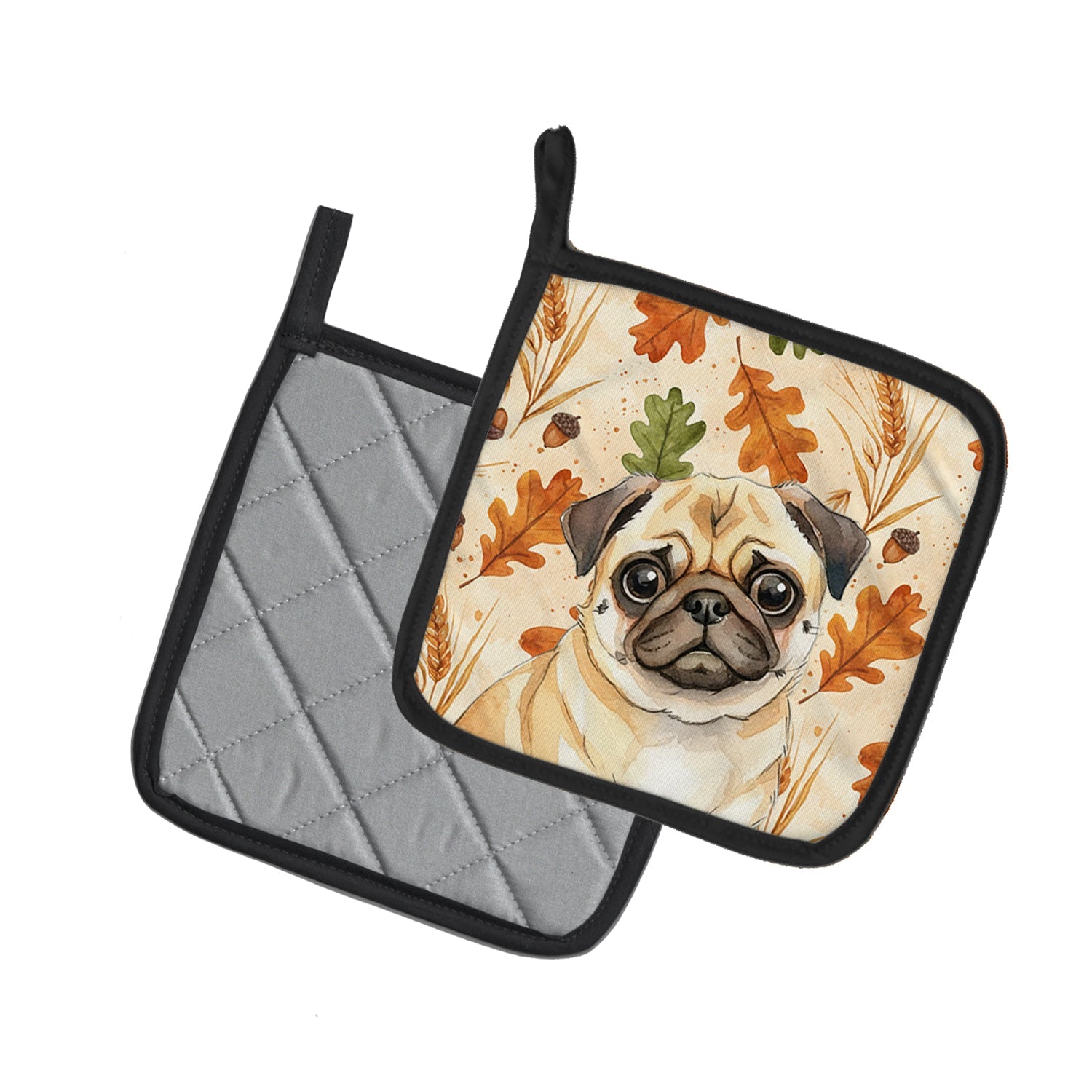 Fawn Pug Heirloom Fall Pot Holder Set of 2 Heat Resistant Quilted Hot Pads 7.5 x 7.5 Inch, Insulated Kitchen Trivets for Cooking & Baking