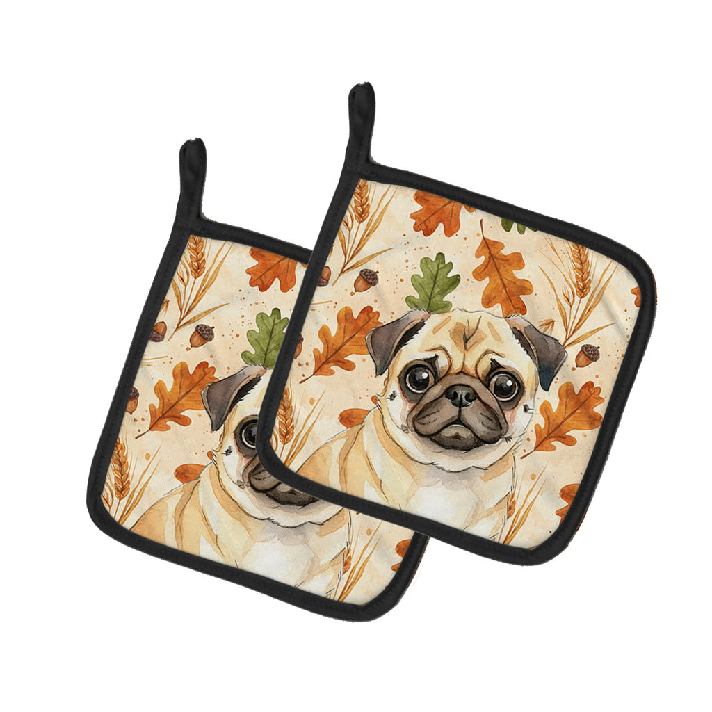 Fawn Pug Heirloom Fall Pot Holder Set of 2 Heat Resistant Quilted Hot Pads 7.5 x 7.5 Inch, Insulated Kitchen Trivets for Cooking & Baking