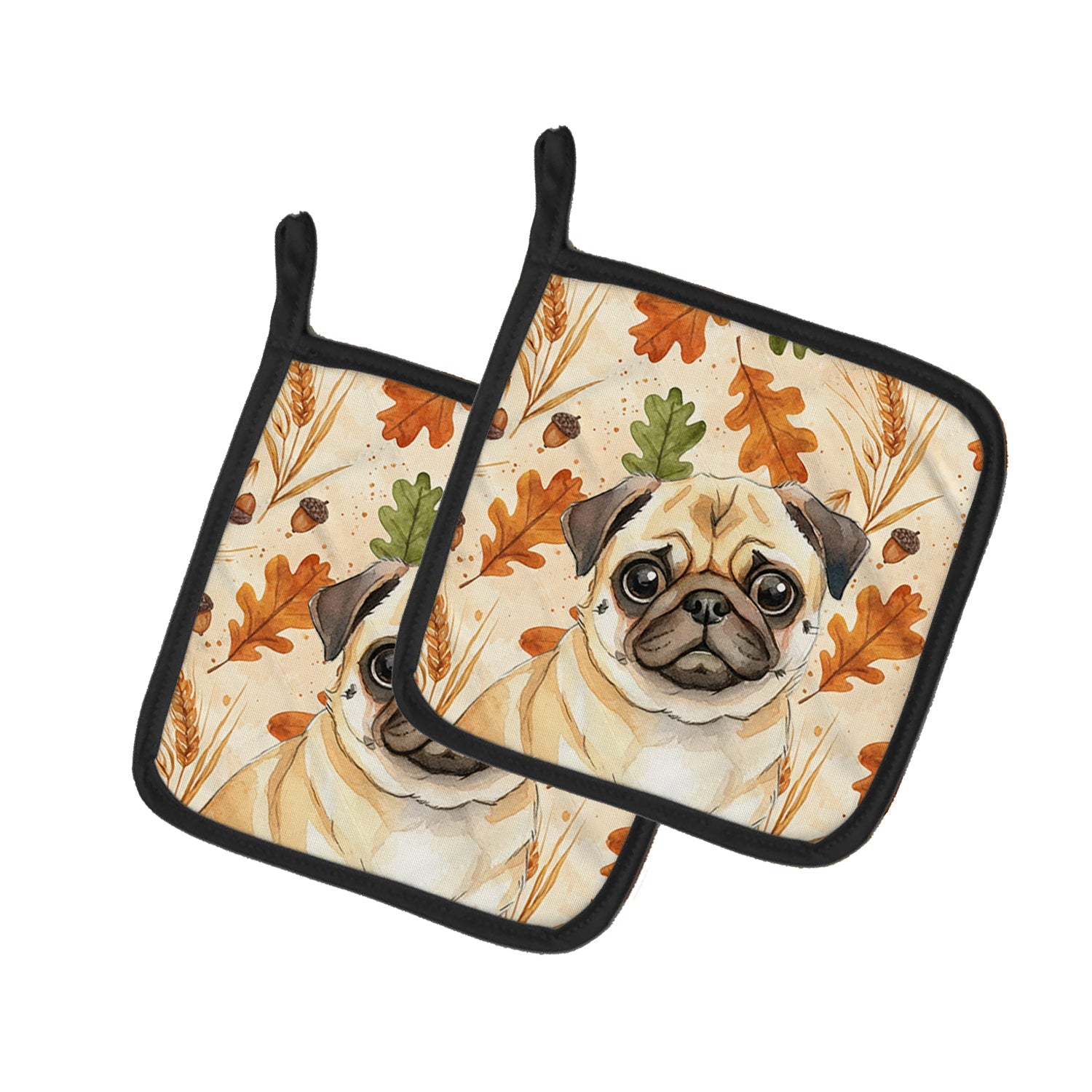 Fawn Pug Heirloom Fall Pot Holder Set of 2 Heat Resistant Quilted Hot Pads 7.5 x 7.5 Inch, Insulated Kitchen Trivets for Cooking & Baking