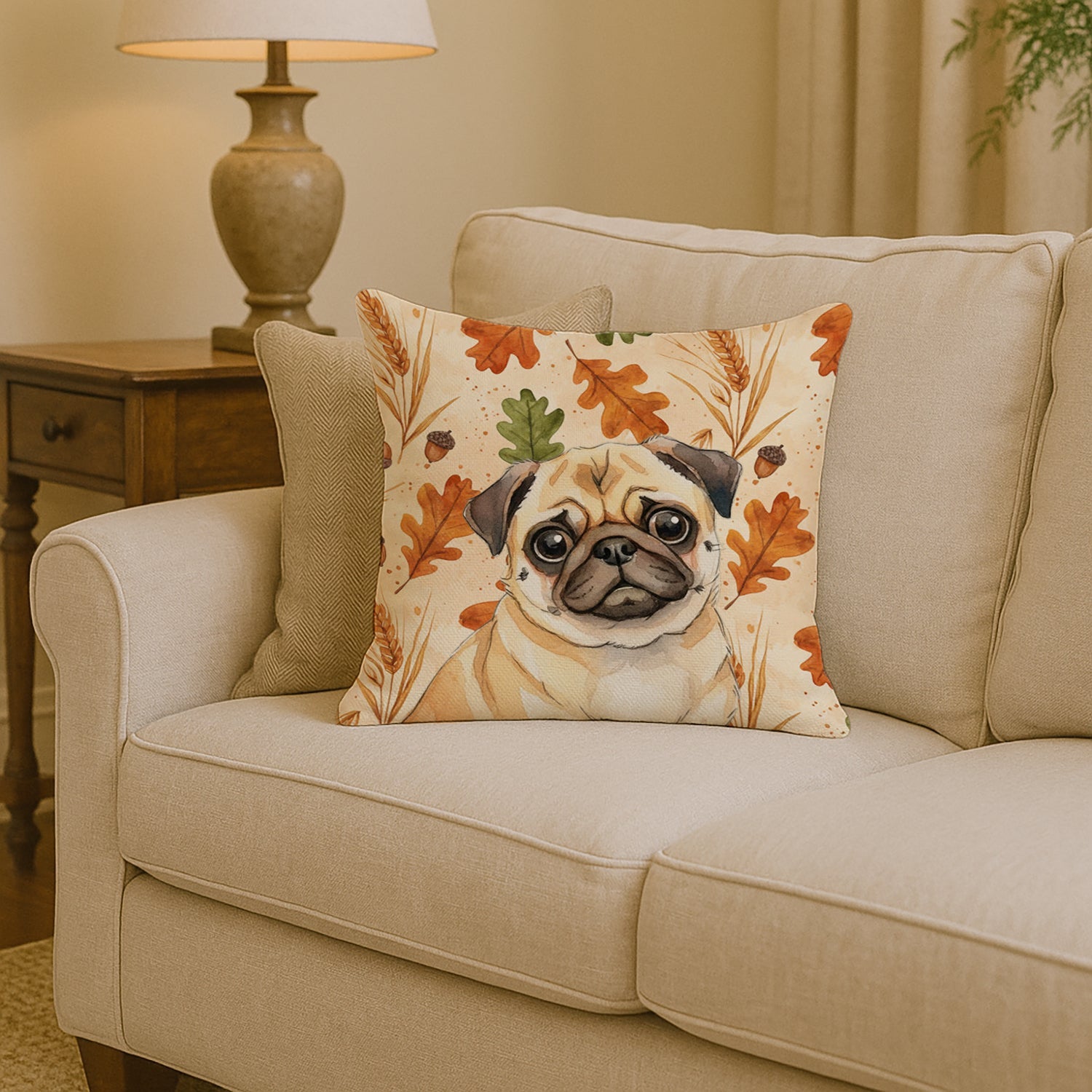 Fawn Pug Heirloom Fall Decorative Throw Pillow 14x14 Indoor Outdoor Accent Cushion, Fabric Cover with Insert for Sofa, Bed, Porch & Living Room