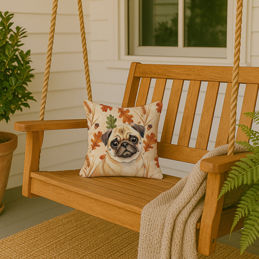 Fawn Pug Heirloom Fall Decorative Throw Pillow 14x14 Indoor Outdoor Accent Cushion, Fabric Cover with Insert for Sofa, Bed, Porch & Living Room