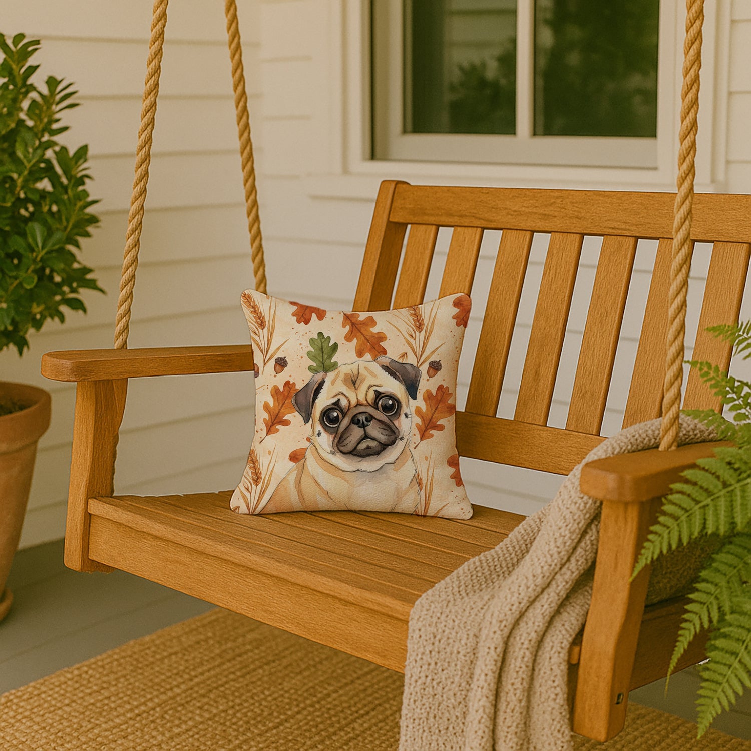 Fawn Pug Heirloom Fall Decorative Throw Pillow 14x14 Indoor Outdoor Accent Cushion, Fabric Cover with Insert for Sofa, Bed, Porch & Living Room