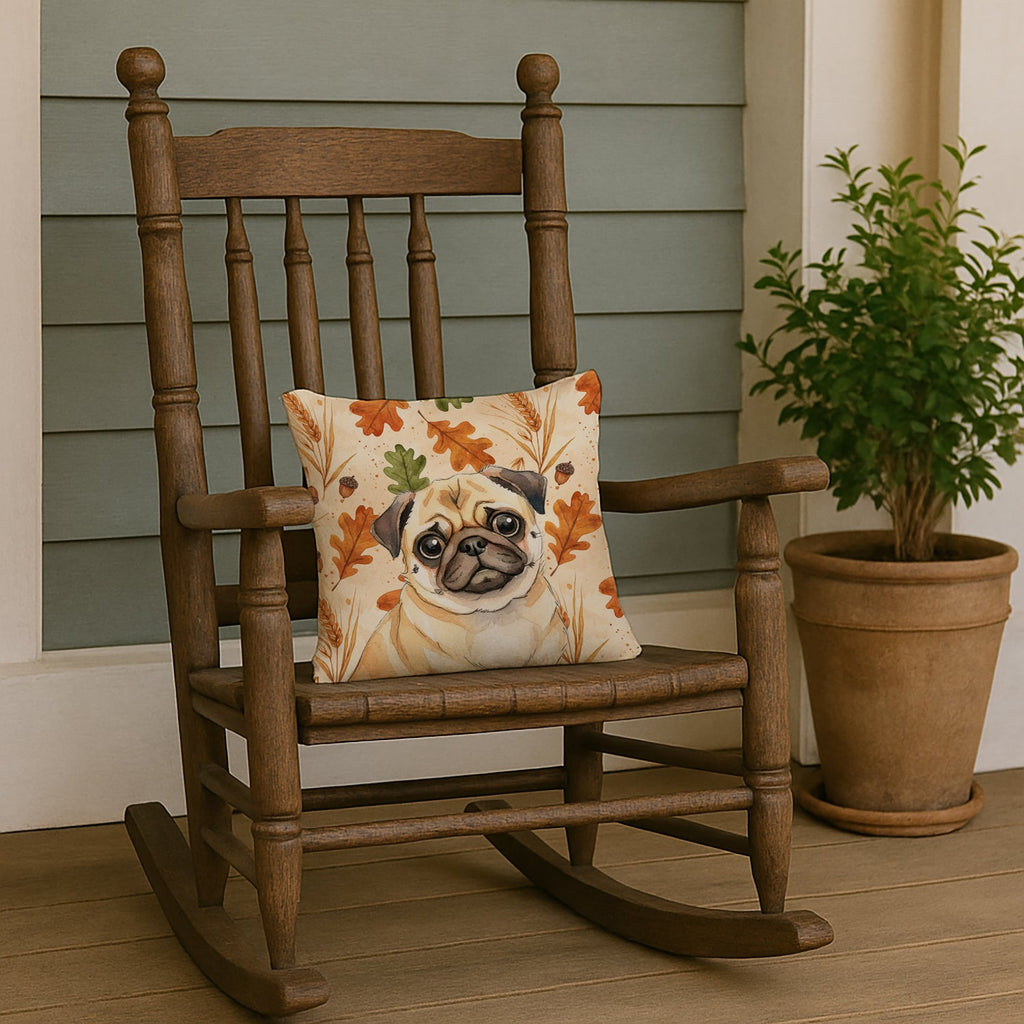 Fawn Pug Heirloom Fall Decorative Throw Pillow 14x14 Indoor Outdoor Accent Cushion, Fabric Cover with Insert for Sofa, Bed, Porch & Living Room