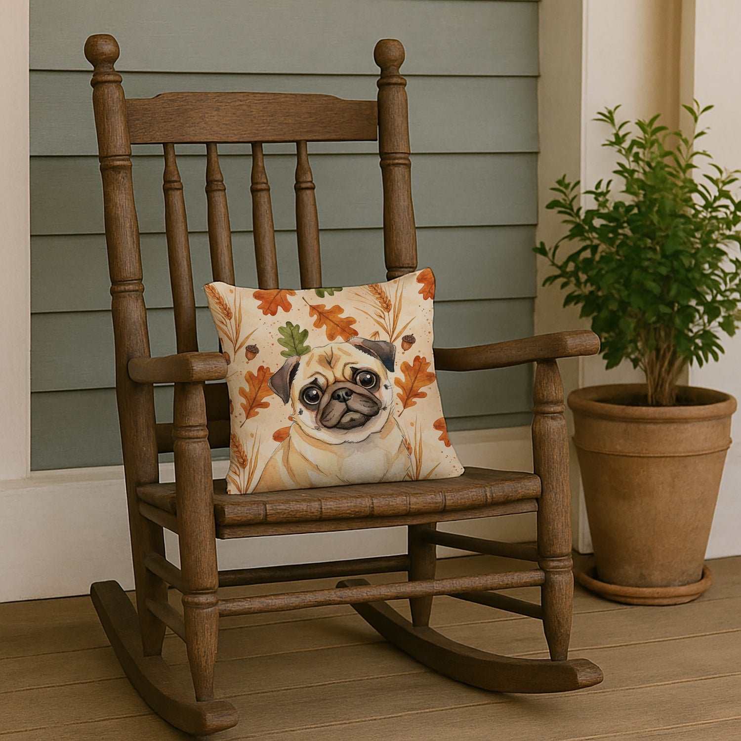 Fawn Pug Heirloom Fall Decorative Throw Pillow 14x14 Indoor Outdoor Accent Cushion, Fabric Cover with Insert for Sofa, Bed, Porch & Living Room
