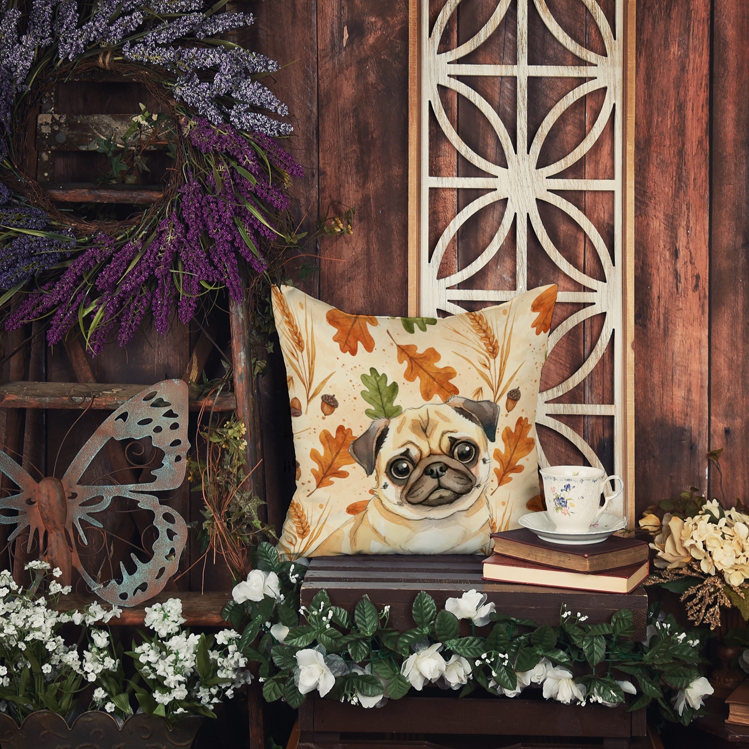 Fawn Pug Heirloom Fall Decorative Throw Pillow 14x14 Indoor Outdoor Accent Cushion, Fabric Cover with Insert for Sofa, Bed, Porch & Living Room