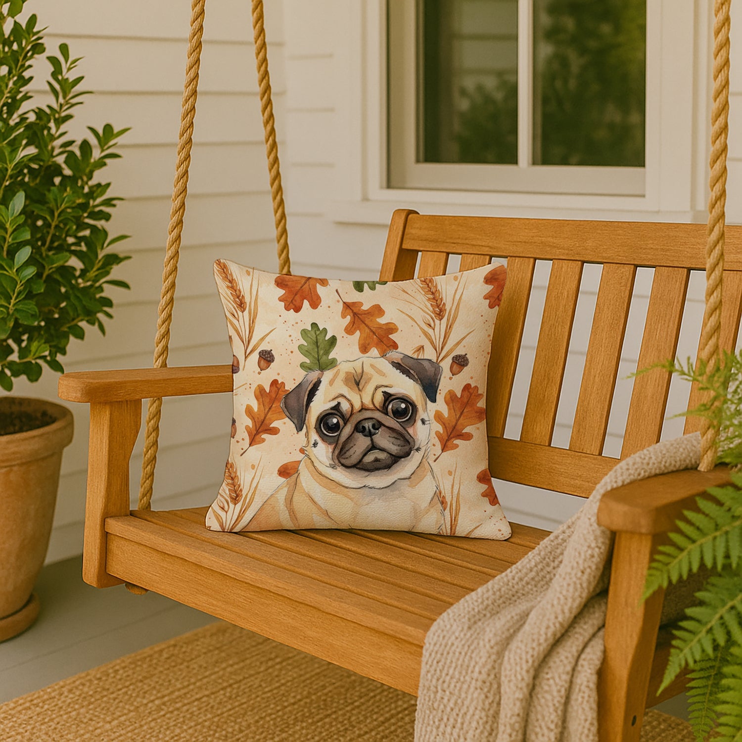 Fawn Pug Heirloom Fall Decorative Throw Pillow 18x18 Indoor Outdoor Accent Cushion, Fabric Cover with Insert for Sofa, Bed, Porch & Living Room