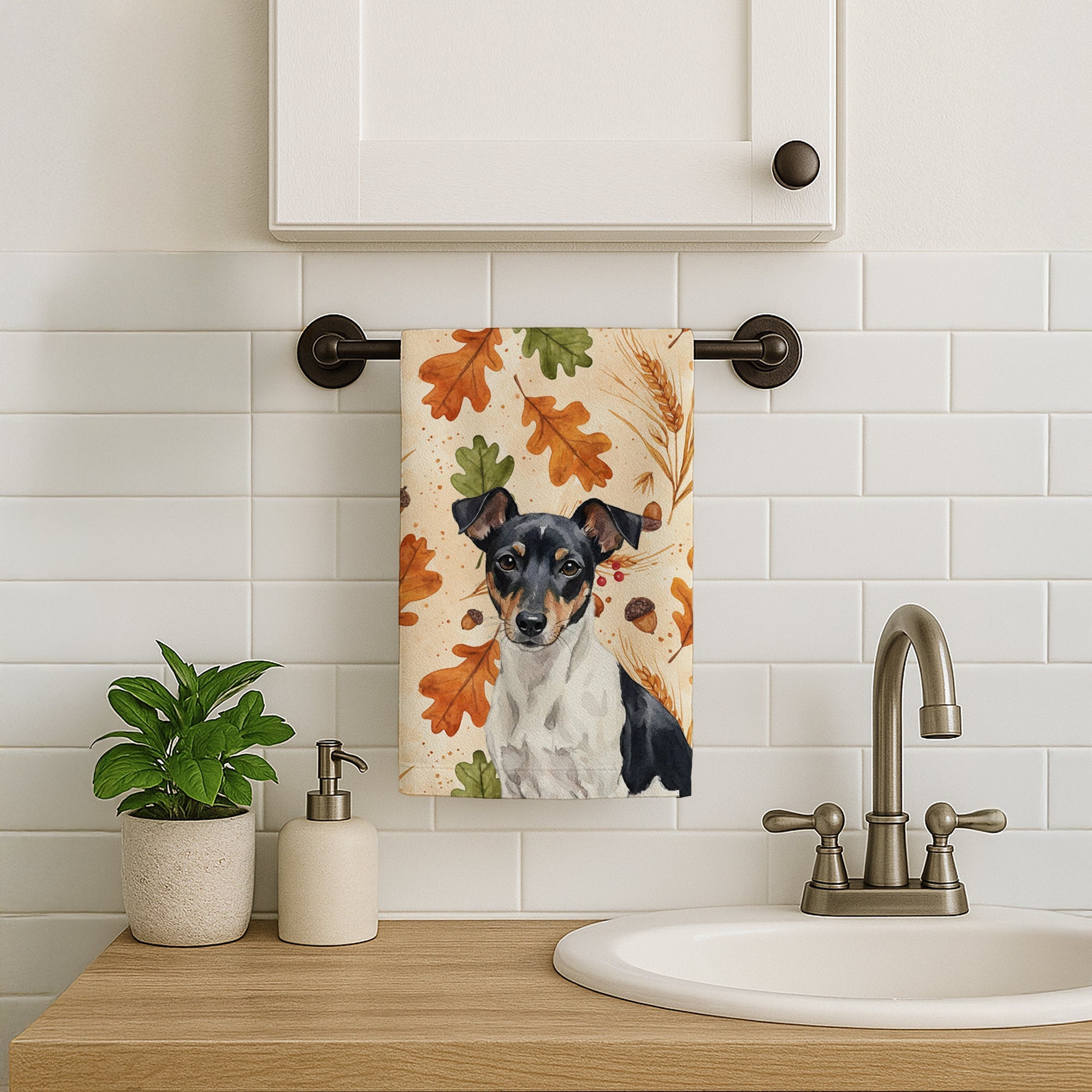 Black and White Rat Terrier Heirloom Fall Kitchen Towel Velour Plush Front and Cotton Loop Back Machine Washable