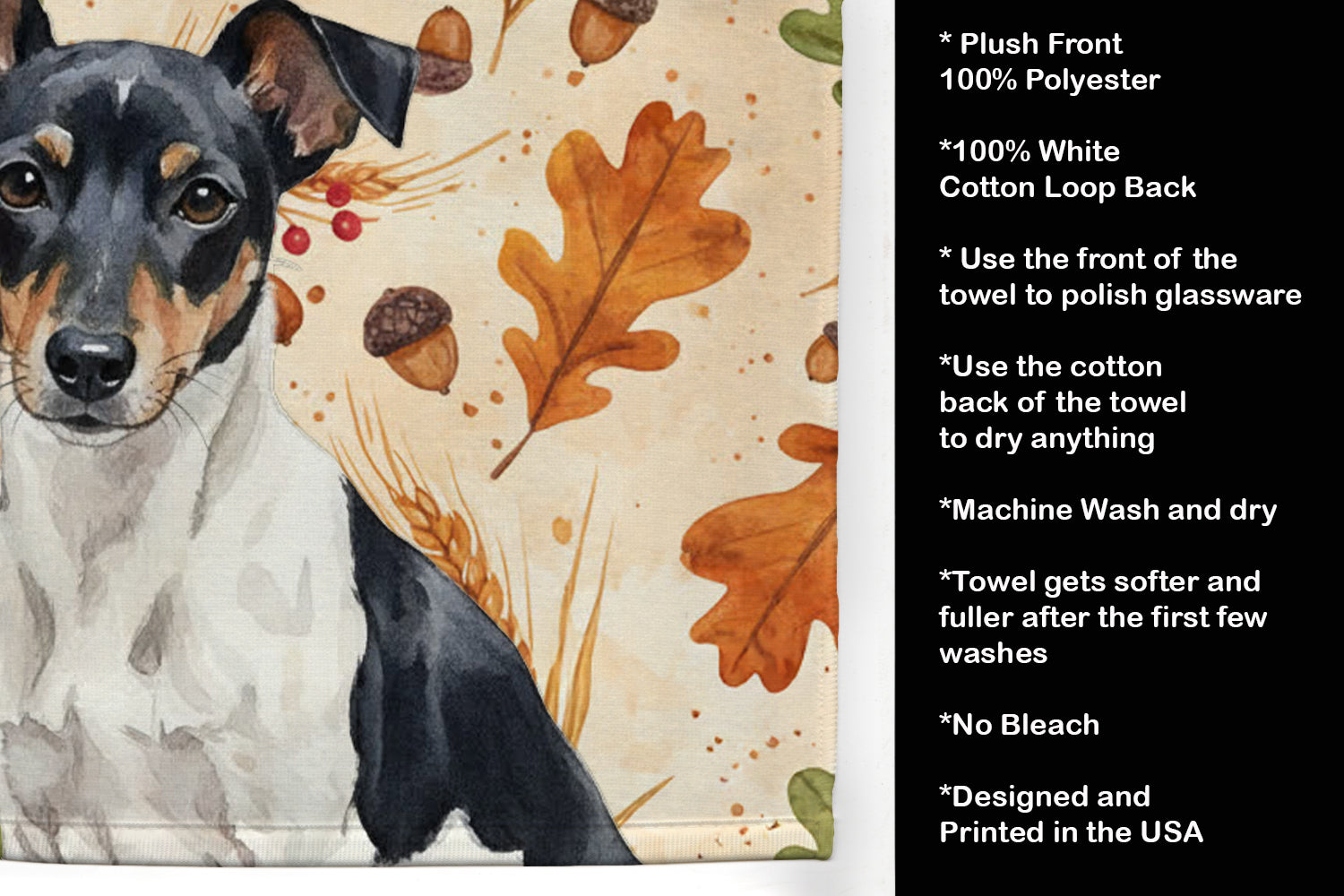 Black and White Rat Terrier Heirloom Fall Kitchen Towel Velour Plush Front and Cotton Loop Back Machine Washable