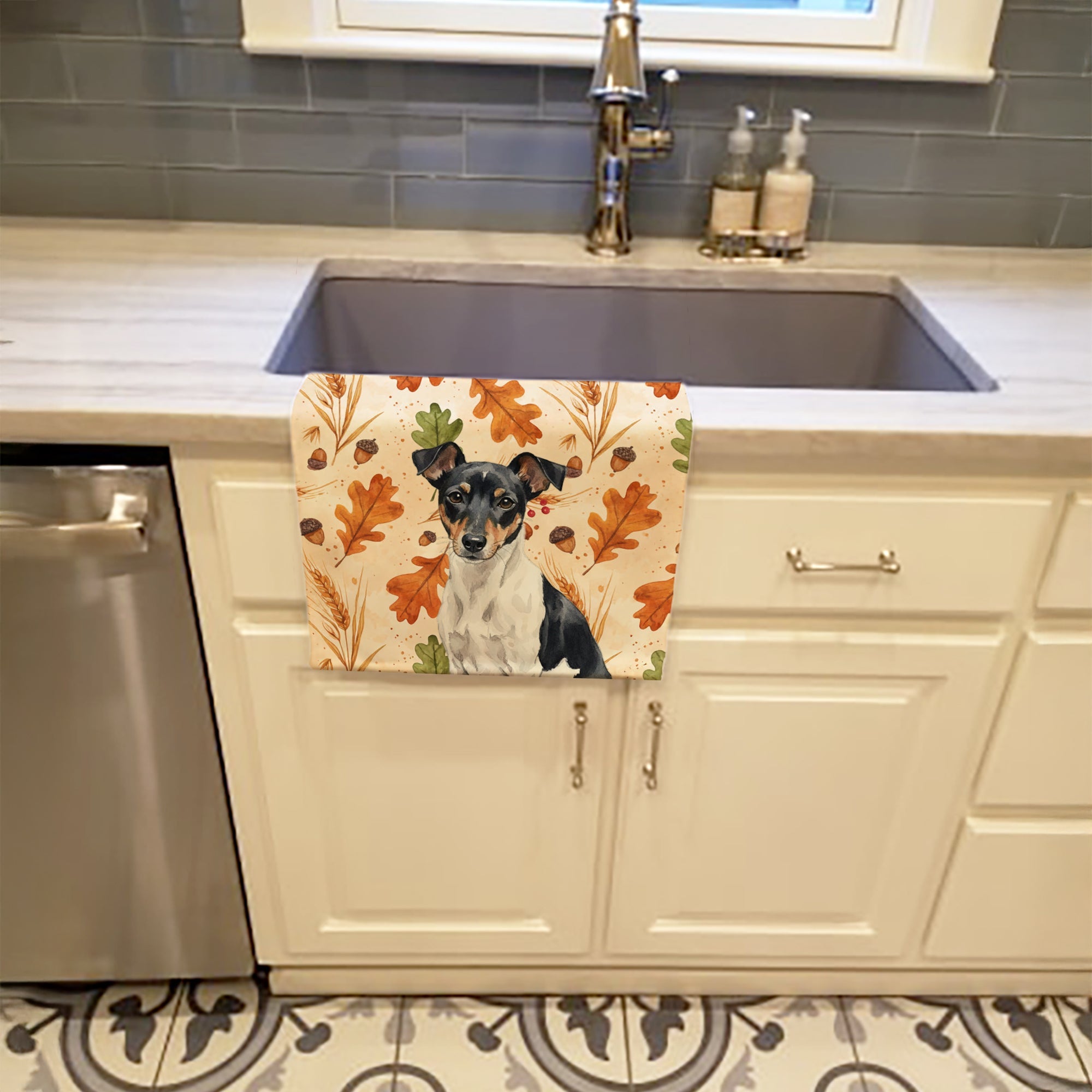 Black and White Rat Terrier Heirloom Fall Kitchen Towel Velour Plush Front and Cotton Loop Back Machine Washable