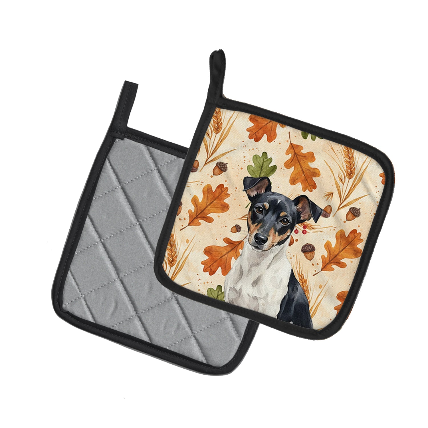 Black and White Rat Terrier Heirloom Fall Pot Holder Set of 2 Heat Resistant Quilted Hot Pads 7.5 x 7.5 Inch, Insulated Kitchen Trivets for Cooking & Baking