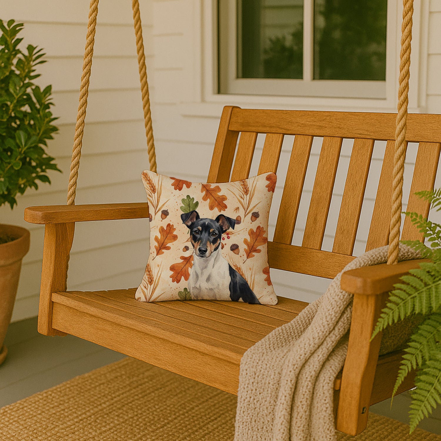 Black and White Rat Terrier Heirloom Fall Decorative Throw Pillow 14x14 Indoor Outdoor Accent Cushion, Fabric Cover with Insert for Sofa, Bed, Porch & Living Room