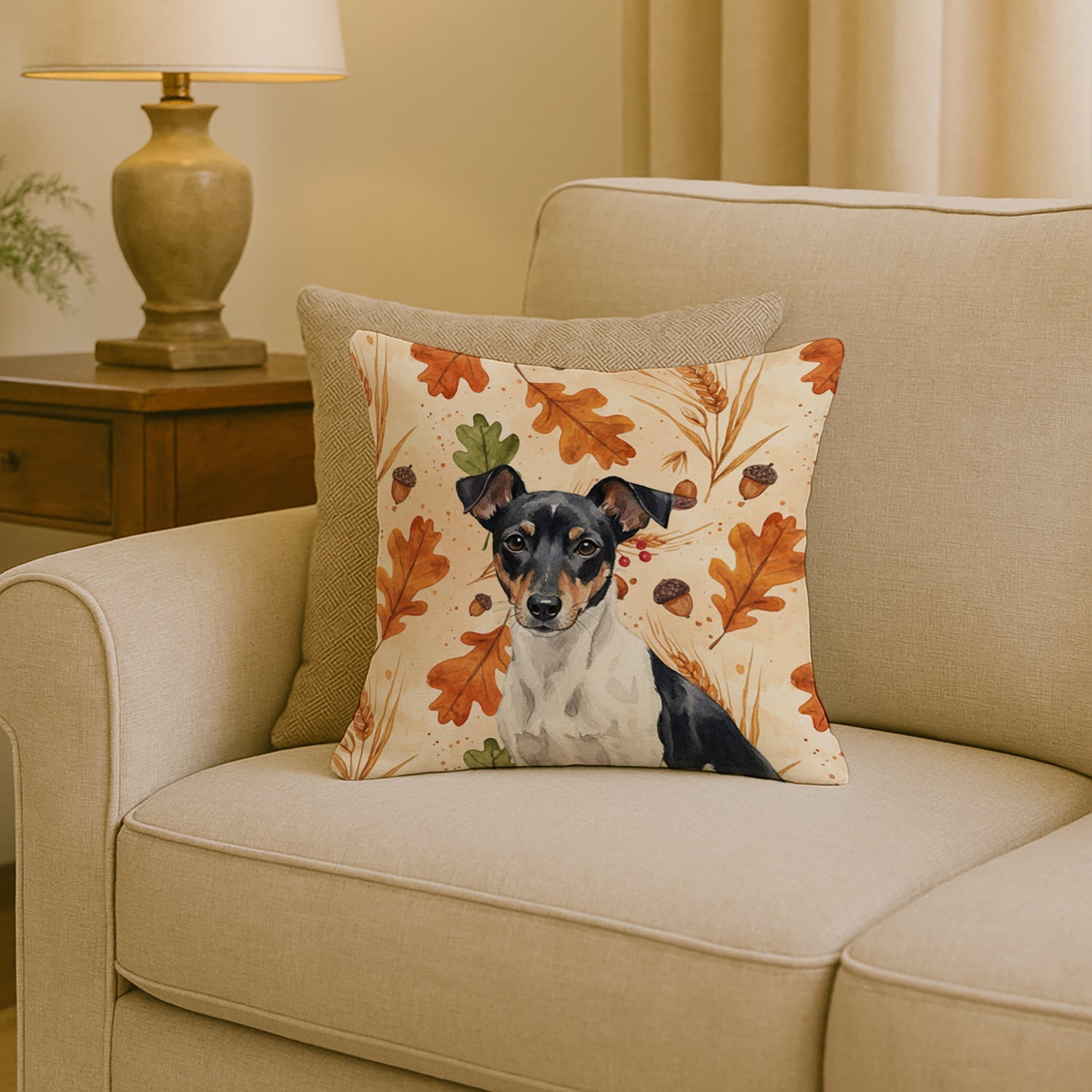Black and White Rat Terrier Heirloom Fall Decorative Throw Pillow 18x18 Indoor Outdoor Accent Cushion, Fabric Cover with Insert for Sofa, Bed, Porch & Living Room