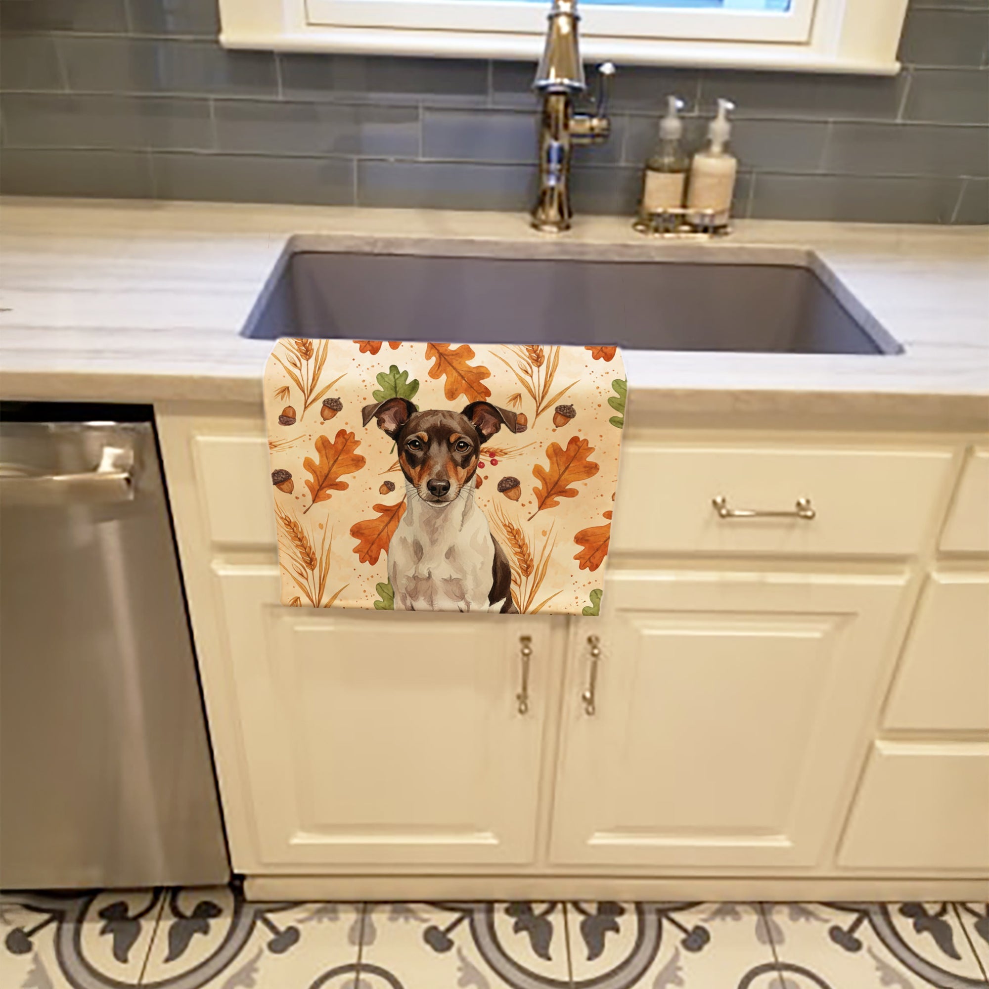 Chocolate and White Rat Terrier Heirloom Fall Kitchen Towel Velour Plush Front and Cotton Loop Back Machine Washable