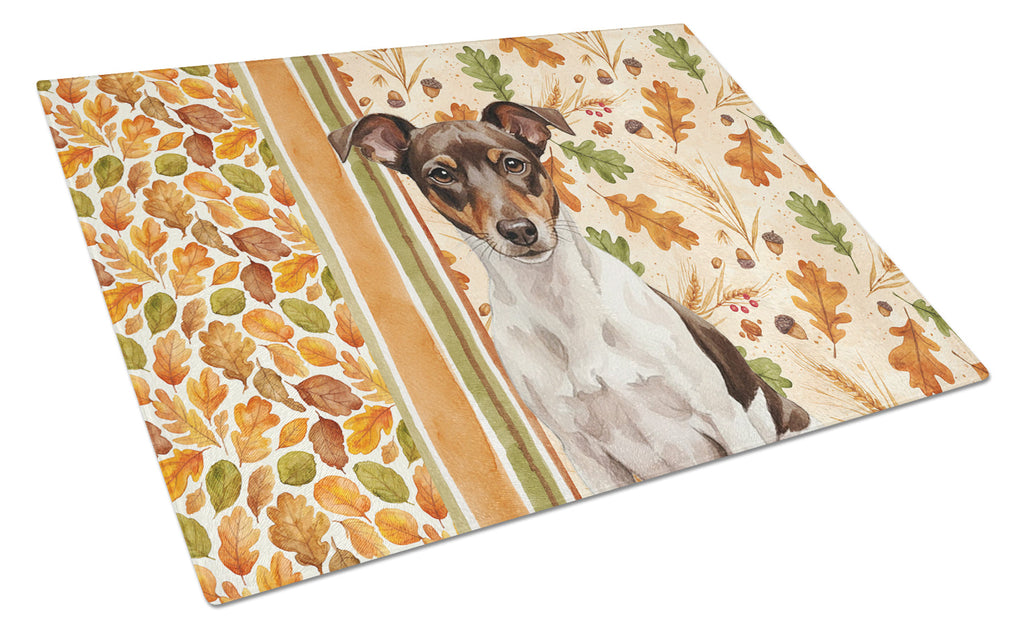 Chocolate and White Rat Terrier Heirloom Fall Cutting Board Tempered Glass Kitchen Cutting Surface, Heat Resistant Chopping, Non-Slip Feet, Food Prep & Serving
